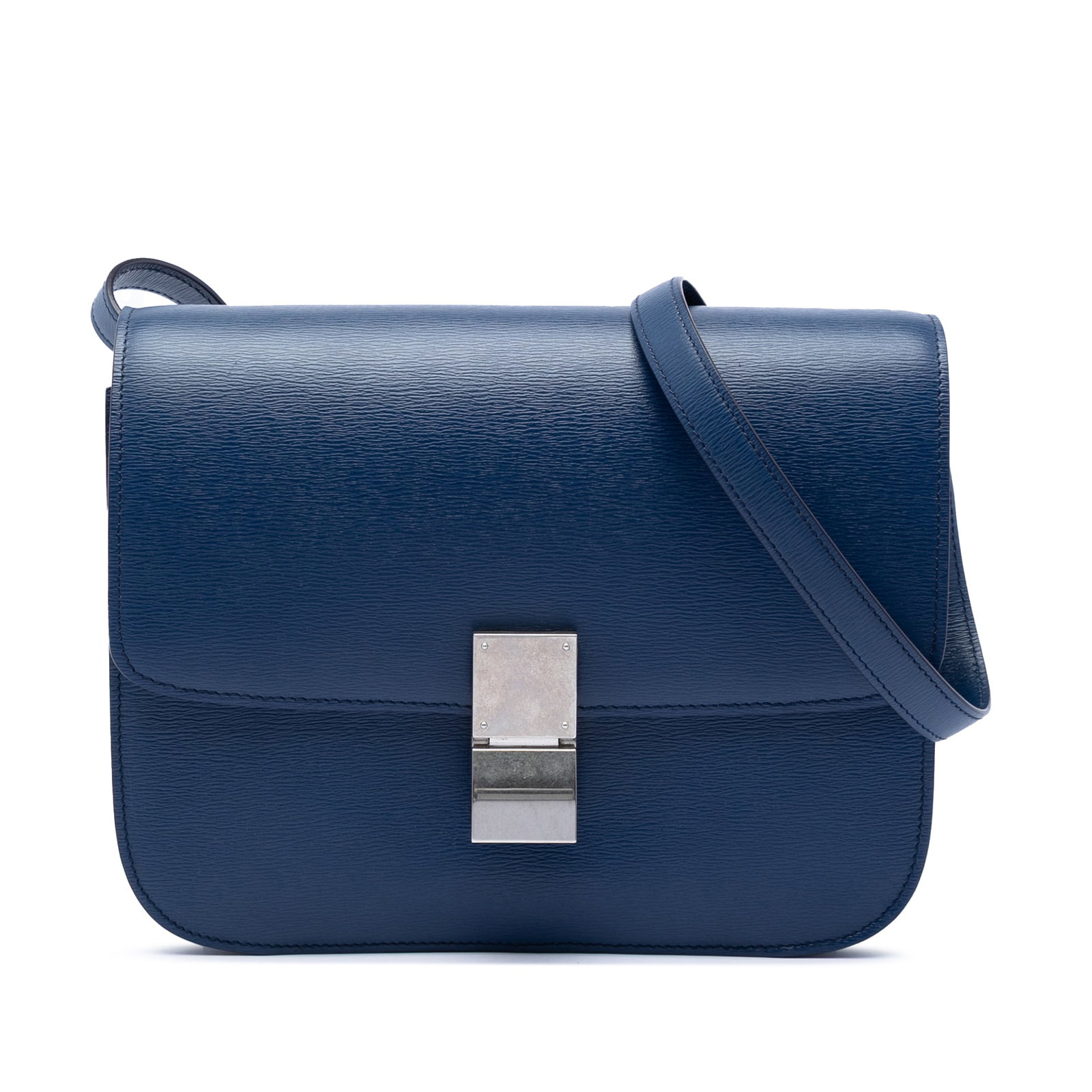 Celine Blue Calfskin Crossbody Box Bag Medium: Celine Blue Calfskin Crossbody Box Bag Medium This Celine Medium Calfskin Classic Box crossbody bag is crafted from blue calf leather and features a flat leather strap, a front flap with a push lock c