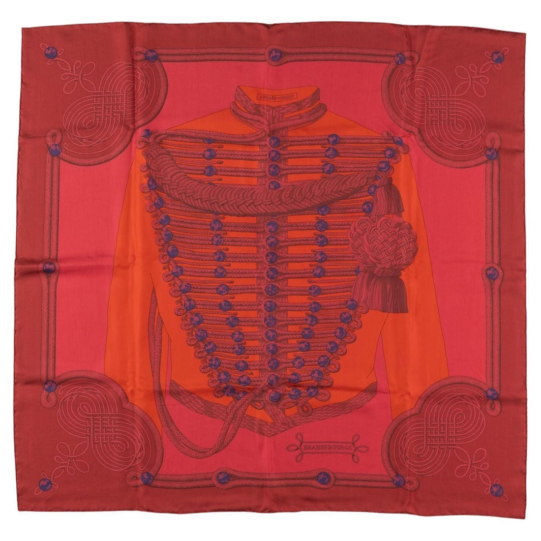 Hermes Brandebourg silk scarf red limited edition with box: Hermes Brandebourg silk scarf red limited edition with box Hermes "Brandebourg" silk scarf in red with the Brandebourg military design by Latham. This limited edition scarf comes with its original box