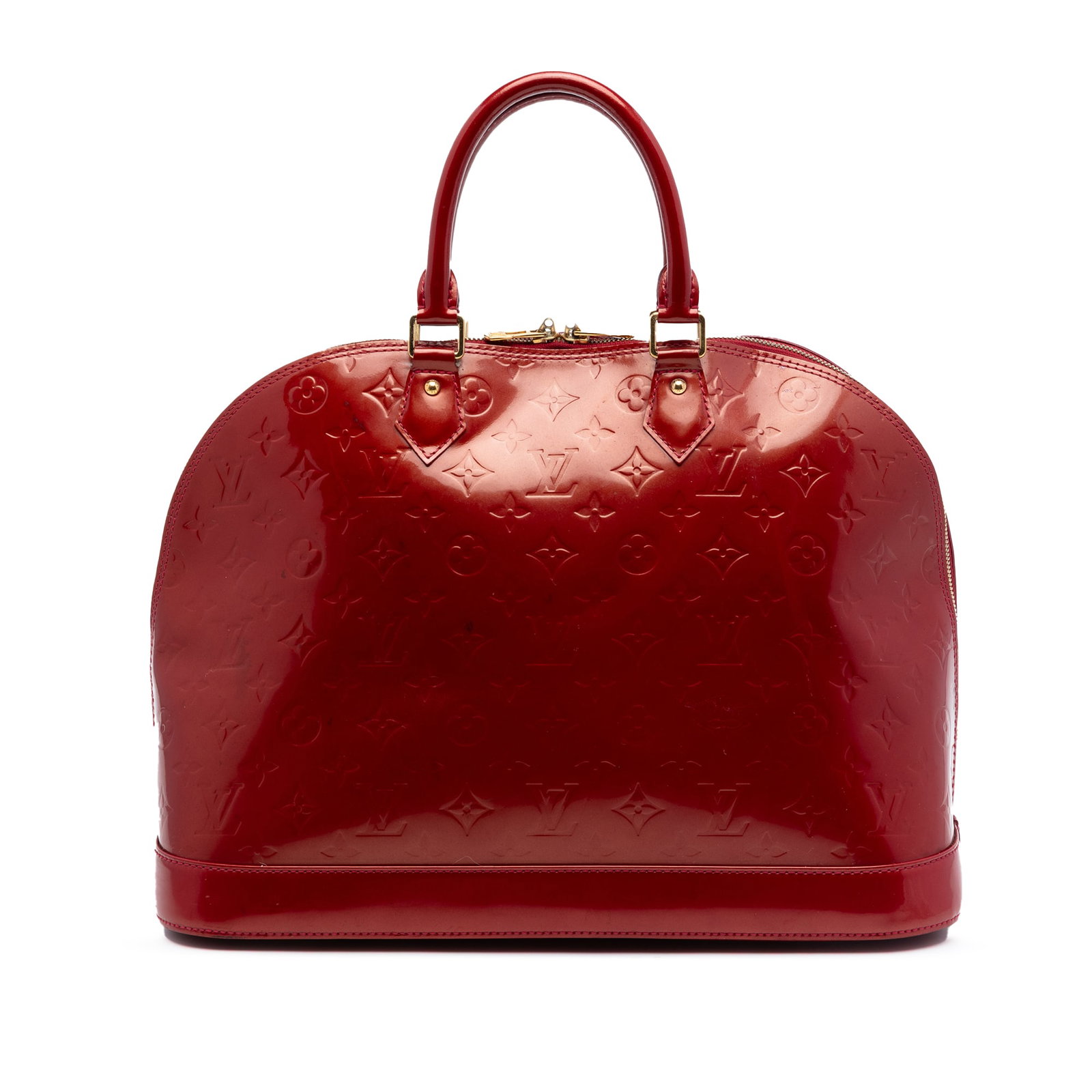 Louis Vuitton Alma GM Monogram Vernis Red Leather Handbag: Louis Vuitton Alma GM Monogram Vernis Red Leather Handbag Louis Vuitton Monogram Vernis Alma GM handbag crafted in vernis leather with rolled leather handles, a top zip-around closure, and interior sl