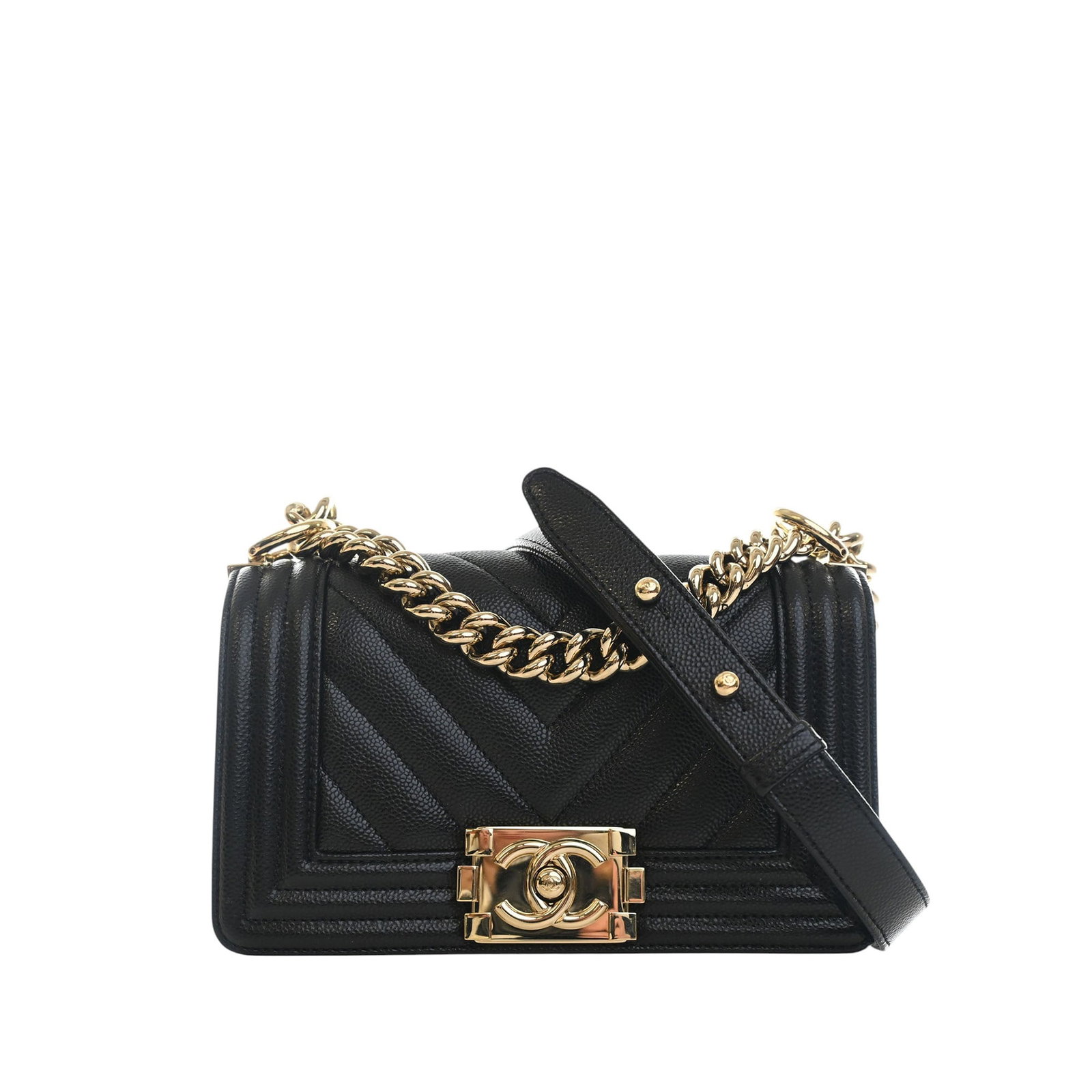 Chanel Boy Flap Small Black Caviar Leather Shoulder Bag: Chanel Boy Flap Small Black Caviar Leather Shoulder Bag Small Chanel Boy Flap bag in black chevron quilted caviar leather. It features a curb chain strap with a leather guard, a front flap with interl