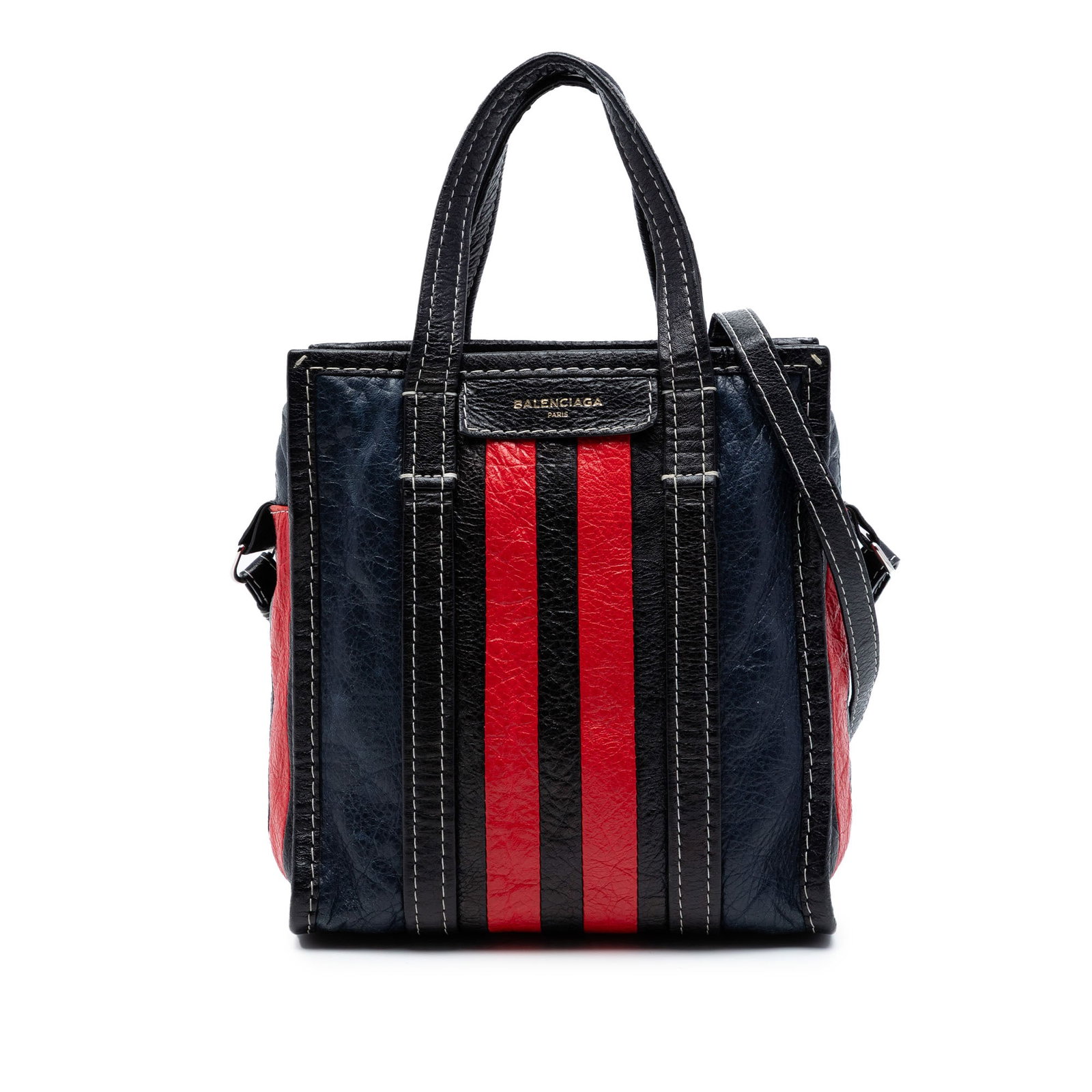 Balenciaga Bazar Shopper XS Lambskin Leather Satchel Bag: Balenciaga Bazar Shopper XS Lambskin Leather Satchel Bag This Balenciaga Lambskin Bazar Shopper Satchel XS is crafted in black lambskin leather with flat top handles and a detachable flat leather stra