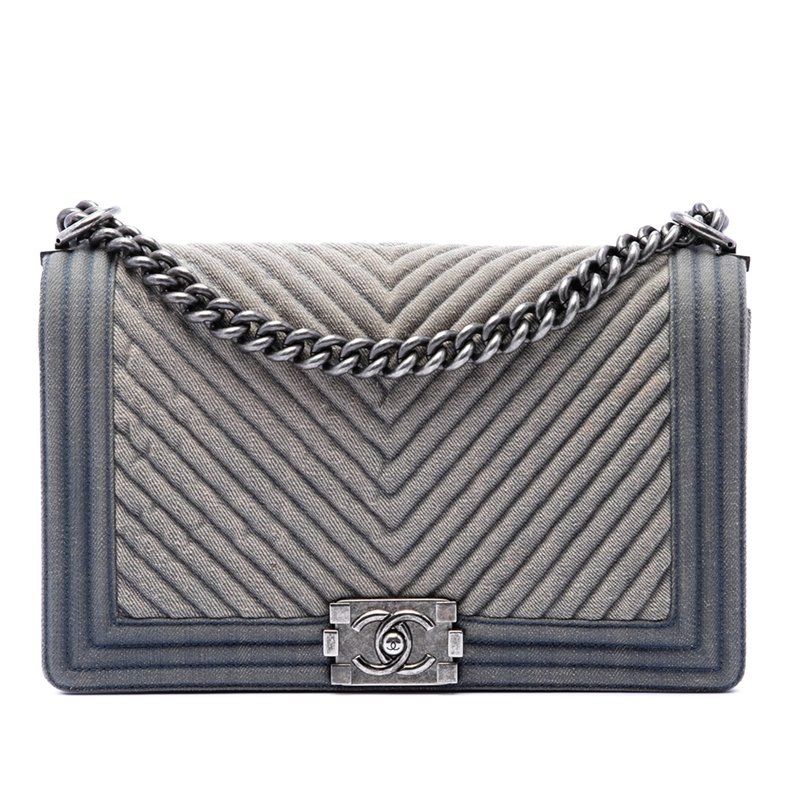 Chanel Boy Flap Old Medium Chevron Denim Shoulder Bag Blue (1 of 6)