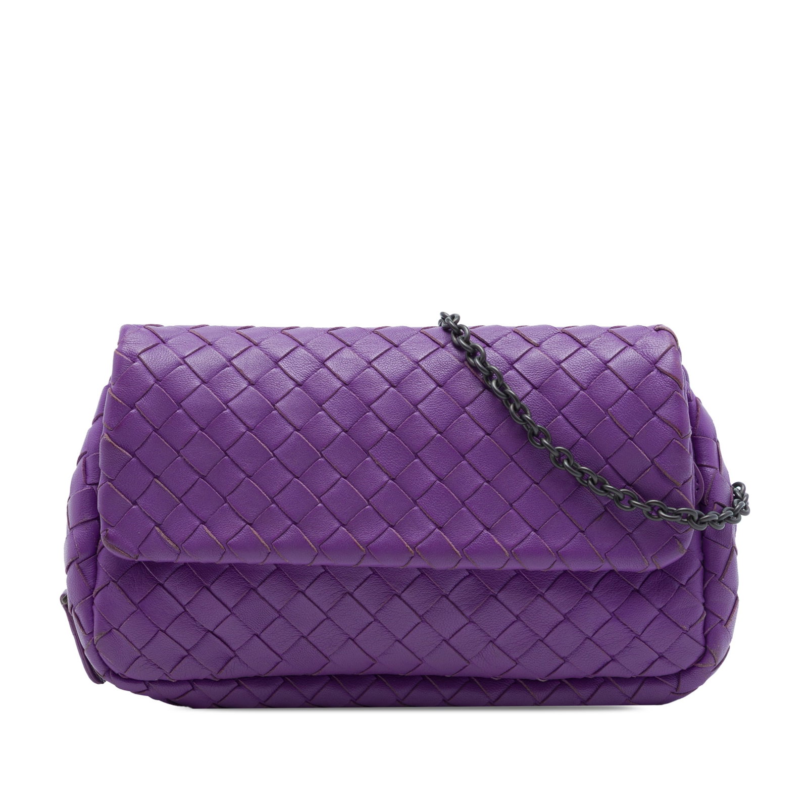 Bottega Veneta Mini Nappa Intrecciato Leather Crossbody Bag Purple: Bottega Veneta Mini Nappa Intrecciato Leather Crossbody Bag Purple Bottega Veneta Mini Nappa Intrecciato Expandable Chain Flap Crossbody in purple leather with the brand's signature woven body. This c