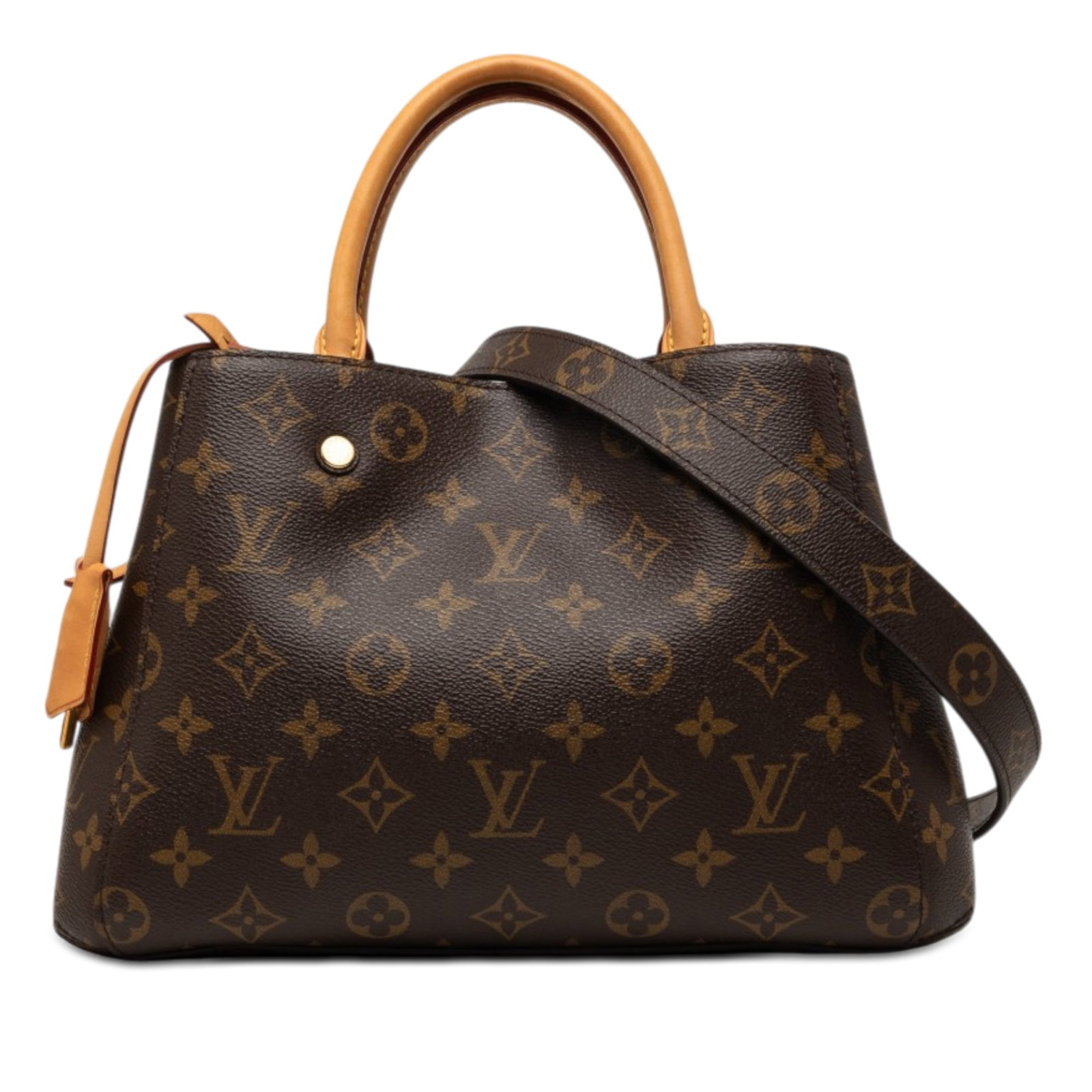 Louis Vuitton Montaigne BB Monogram Canvas Satchel with Shoulder Strap: Louis Vuitton Montaigne BB Monogram Canvas Satchel with Shoulder Strap Louis Vuitton Monogram Montaigne BB handbag with a monogram canvas body, rolled vachetta leather handles, and a detachable flat s