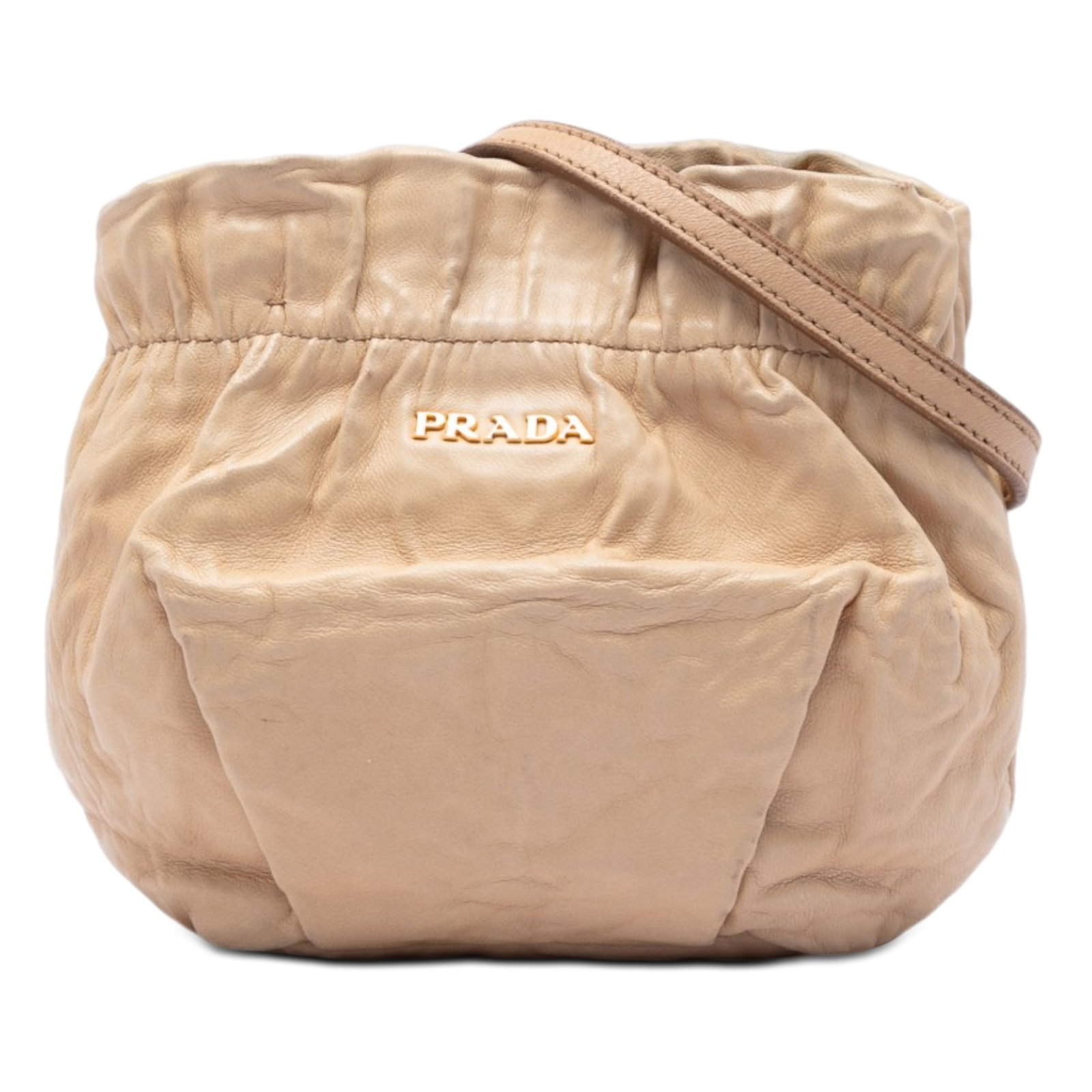 Prada Antique Bucket Bag in Beige Nappa Leather: Prada Antique Bucket Bag in Beige Nappa Leather Prada Nappa Leather Antique Bucket Bag in beige, crafted in leather with a nappa leather body and a flat leather strap. It features an open top with mag