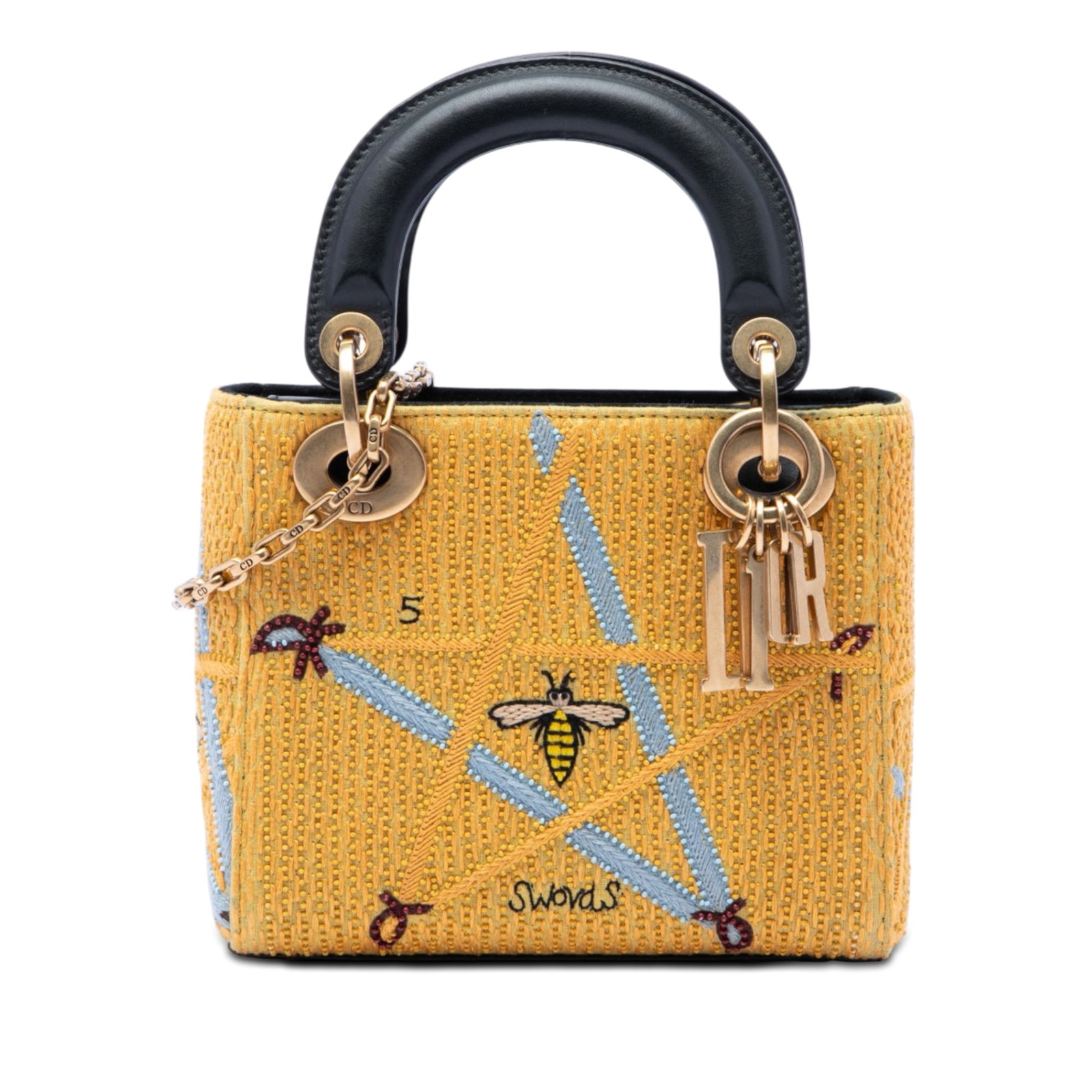 Dior Lady Dior Mini Yellow Embroidered Canvas Bag: Dior Lady Dior Mini Yellow Embroidered Canvas Bag Mini Lady Dior bag in yellow embroidered canvas with flat leather top handles, a detachable chain link strap with a leather shoulder guard, a fold-in 