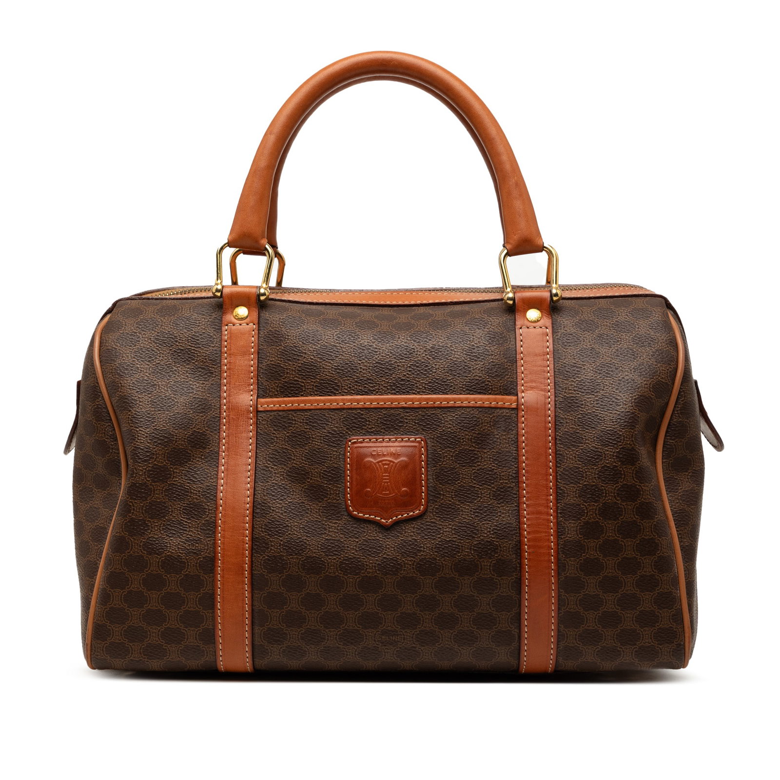 Celine Macadam Boston Handbag in Brown Coated Canvas: Celine Macadam Boston Handbag in Brown Coated Canvas Celine Macadam Boston bag in coated canvas with leather trim and rolled leather handles. The design includes a top zip closure, an exterior front s