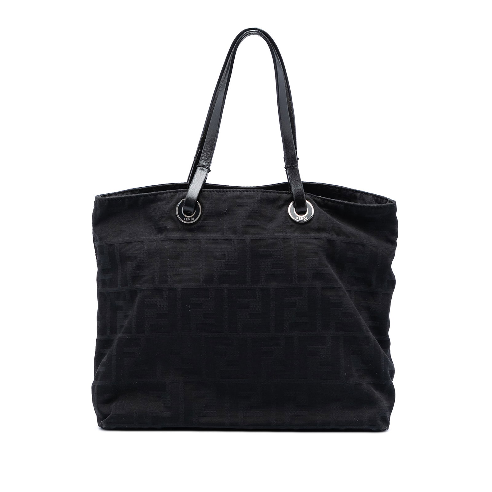 Fendi Zucca Fabric Tote Bag with Leather Handles: Fendi Zucca Fabric Tote Bag with Leather Handles Fendi Zucca Canvas Tote with a canvas body, flat leather handles, an open top, and an interior zip compartment. Made in Italy, this black tote shows vi