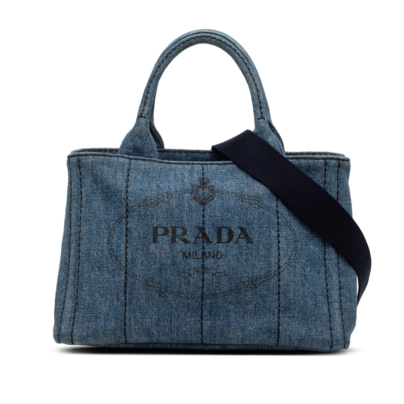 Prada Canapa Small Logo Tote Blue Denim Satchel: Prada Canapa Small Logo Tote Blue Denim Satchel Prada small Canapa logo tote crafted in blue denim with flat top handles, a detachable strap, an open top, and interior zip and slip pockets. Made in It