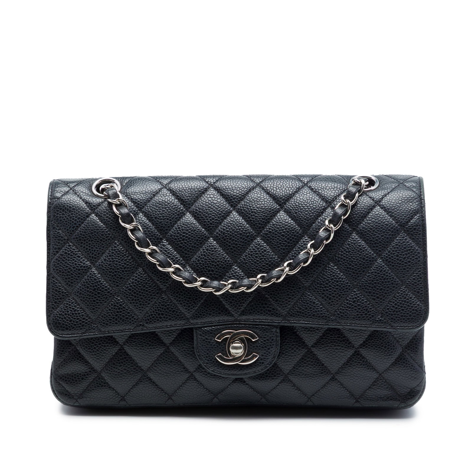 Chanel Medium Classic Double Flap Shoulder Bag in Black Caviar Leather: Chanel Medium Classic Double Flap Shoulder Bag in Black Caviar Leather Medium Classic Caviar Double Flap shoulder bag in black quilted caviar leather with leather-woven chain straps, double front flap