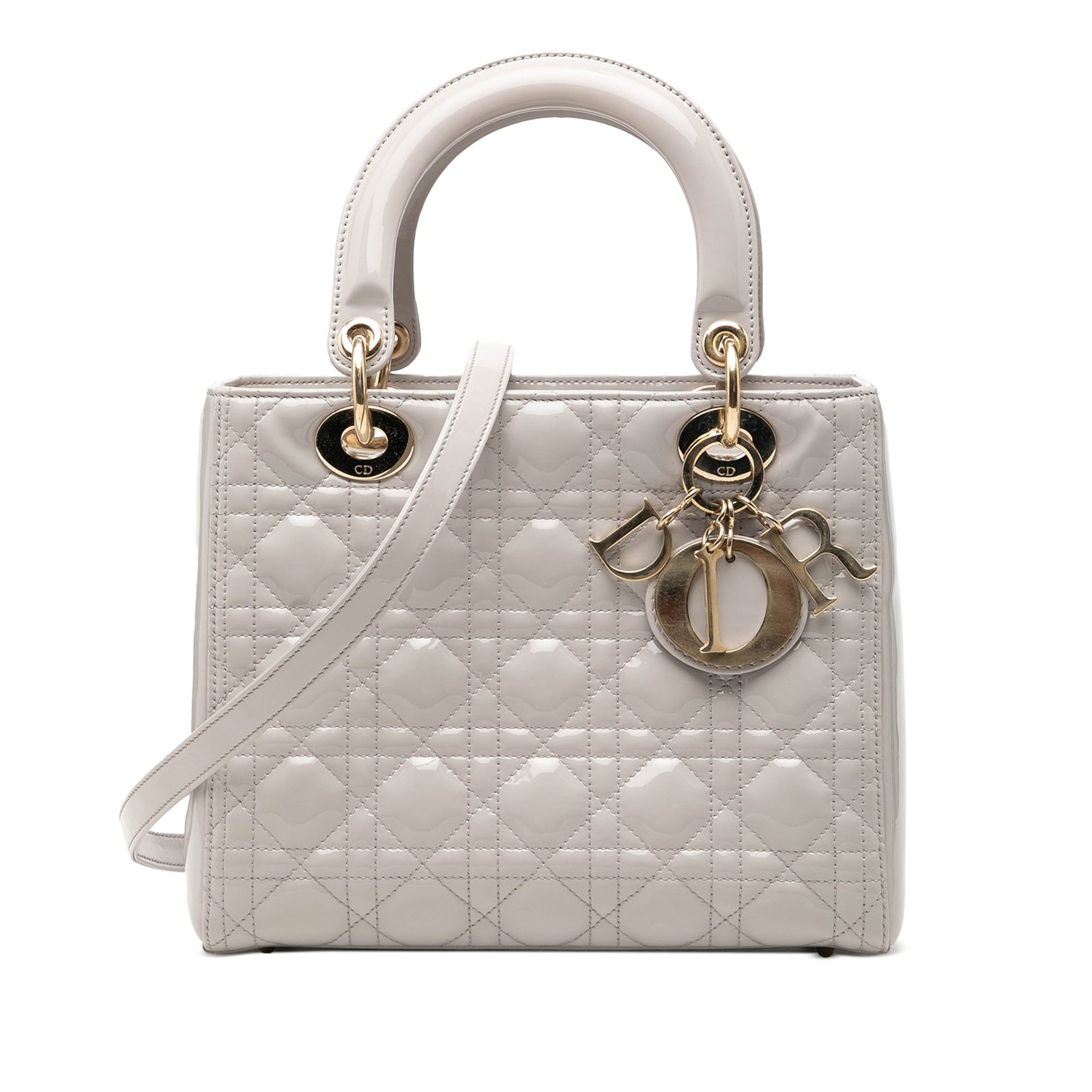 Dior Lady Dior Medium Cannage Patent Leather Bag Gray: Dior Lady Dior Medium Cannage Patent Leather Bag Gray Medium Lady Dior handbag in gray patent leather with Cannage quilting. This bag features flat top handles, a detachable flat leather strap, a fold