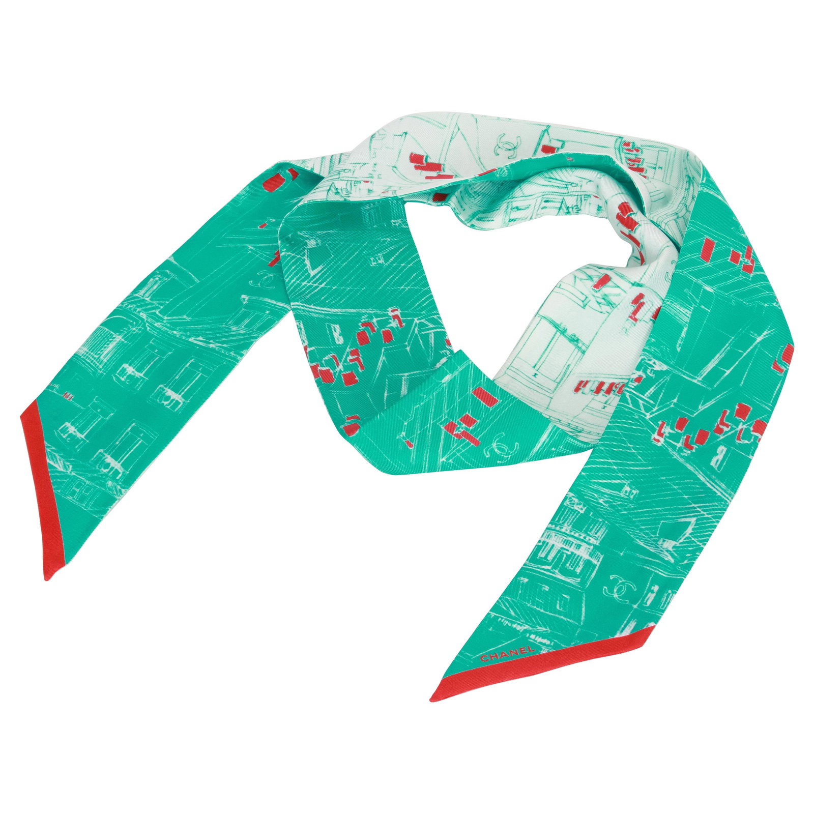 Chanel Green Roofs Double-Sided Silk Twilly Scarf 48in: Chanel Green Roofs Double-Sided Silk Twilly Scarf 48in Elevate your style with this exquisite Chanel Green Roofs Silk Twilly Scarf. This luxurious accessory features a double-sided design showcasing a