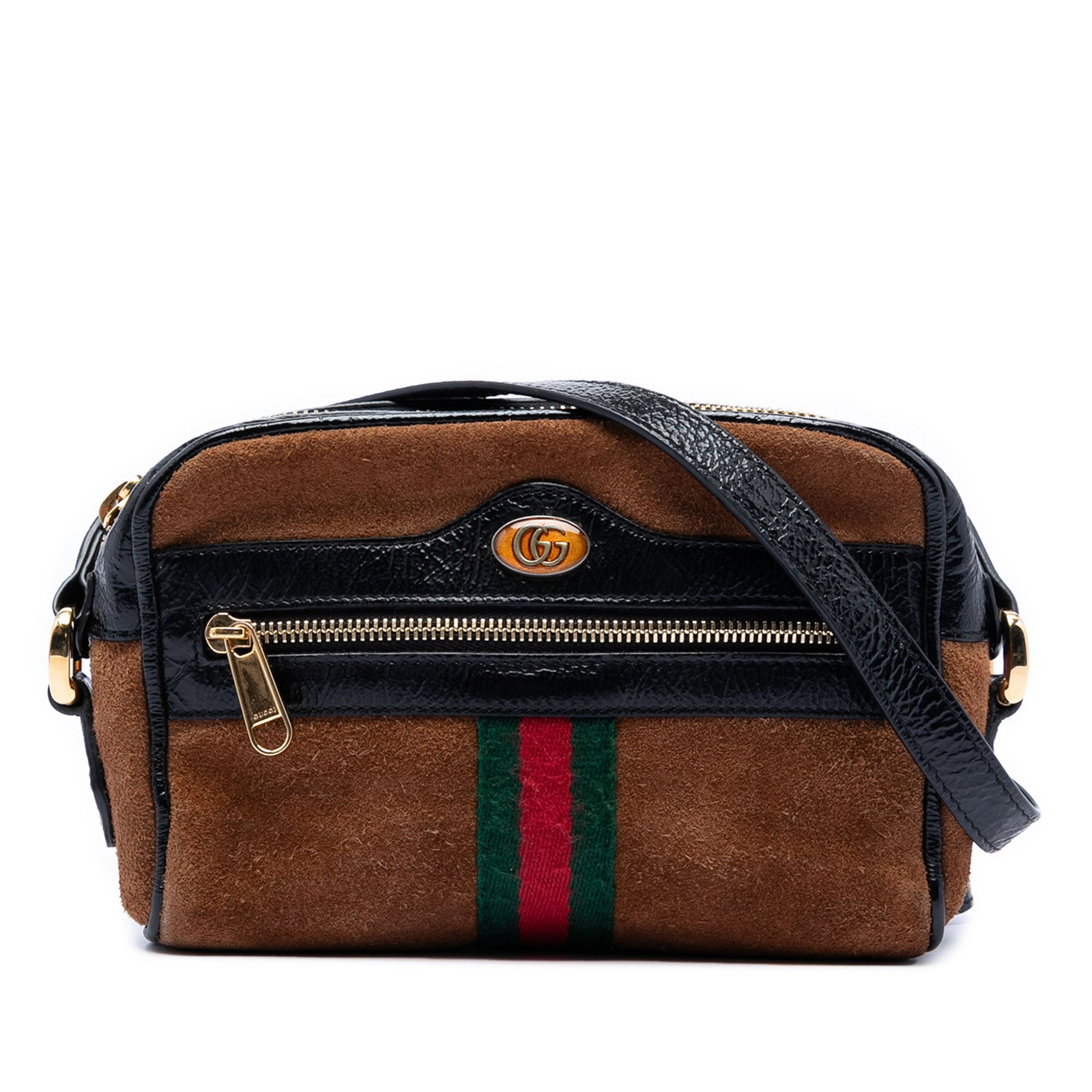 Gucci Ophidia suede crossbody bag with patent trim: Gucci Ophidia suede crossbody bag with patent trim This Gucci Mini Suede Web Ophidia Crossbody bag features a brown suede body complemented by patent leather trim and an adjustable flat patent leather