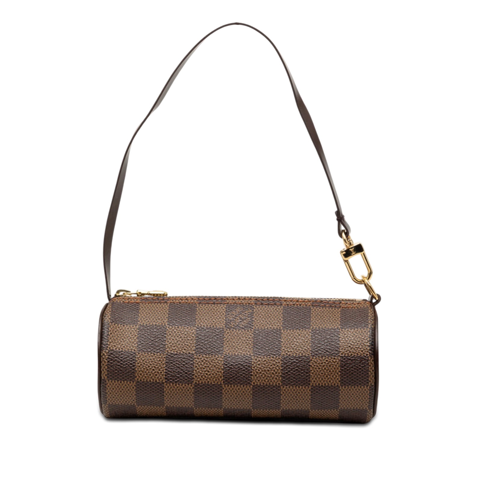 Louis Vuitton Papillon Pochette in Damier Ebene Canvas: Louis Vuitton Papillon Pochette in Damier Ebene Canvas Louis Vuitton Damier Ebene Papillon Pochette with a damier canvas body, leather trim, a flat leather strap, and a top zip closure. Made in France