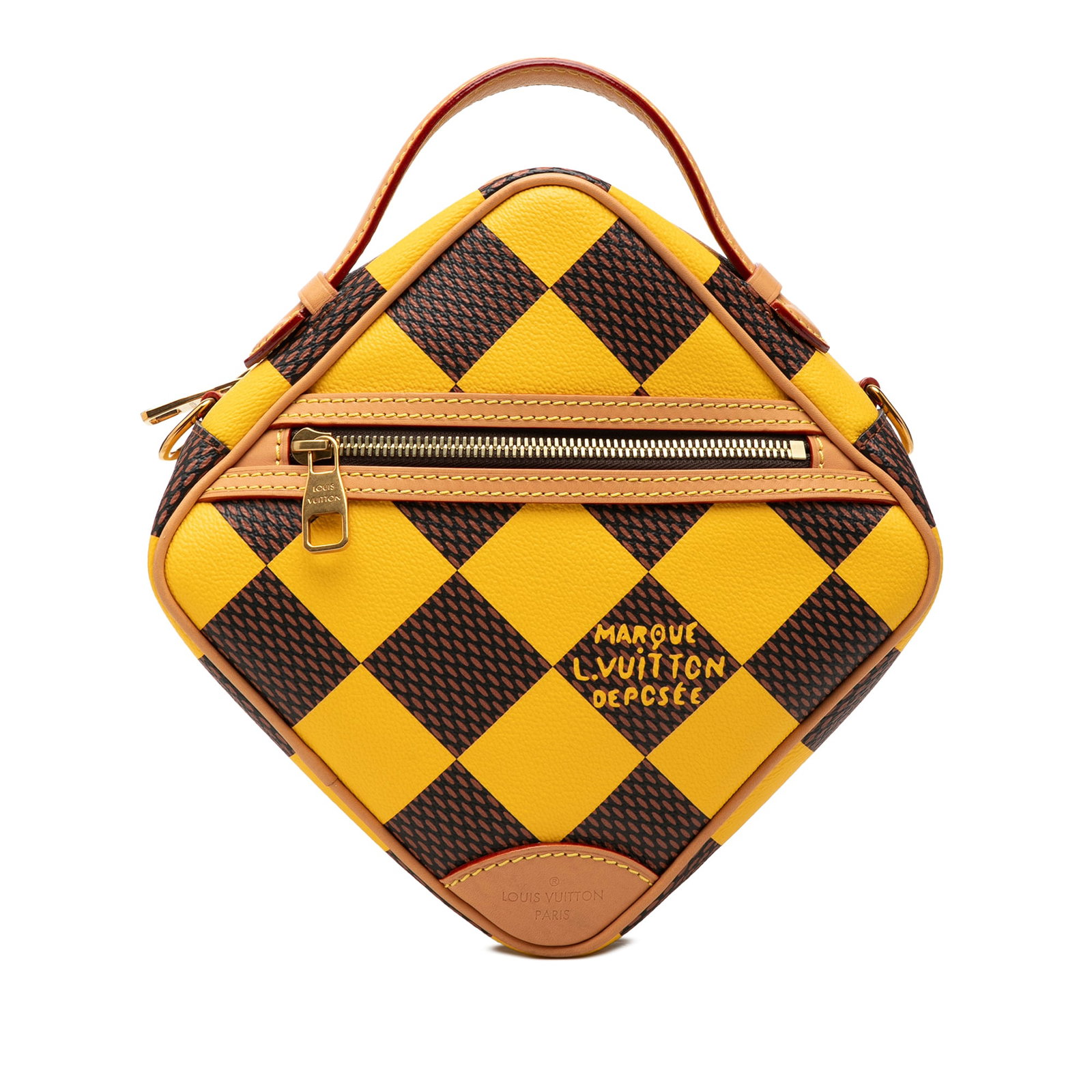 Louis Vuitton Damier Pop Chess Messenger Yellow Canvas Satchel: Louis Vuitton Damier Pop Chess Messenger Yellow Canvas Satchel Louis Vuitton Damier Pop Chess Messenger satchel in yellow fabric with vachetta leather trim. The bag features a flat vachetta leather ha