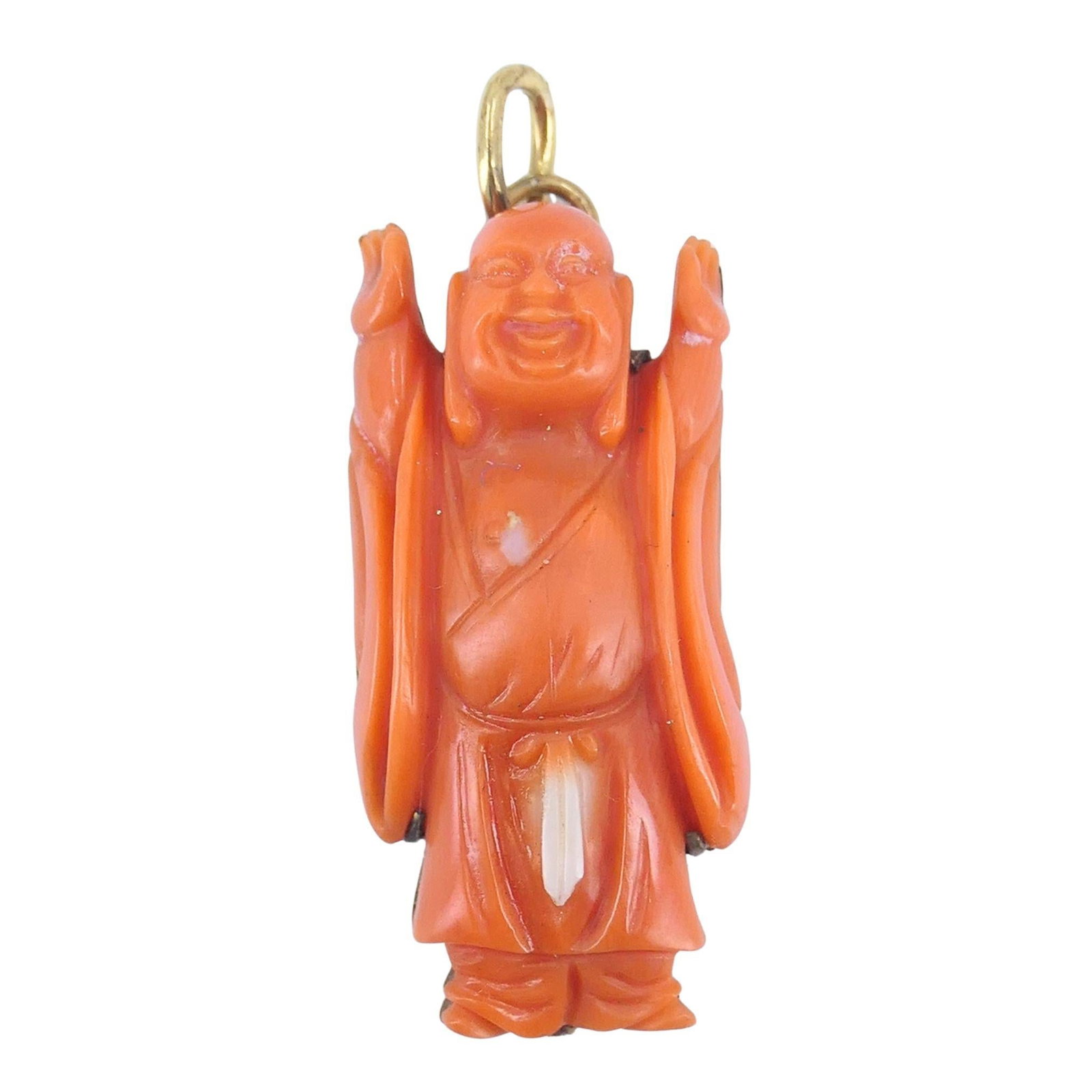 10k Yellow Gold Coral Buddha Pendant Charm Mid-20th Century 4.2g: 10k Yellow Gold Coral Buddha Pendant Charm Mid-20th Century 4.2g Vintage coral Buddha charm pendant carved in natural coral and mounted in 10k yellow gold. The figure is flat-backed and secured to a g
