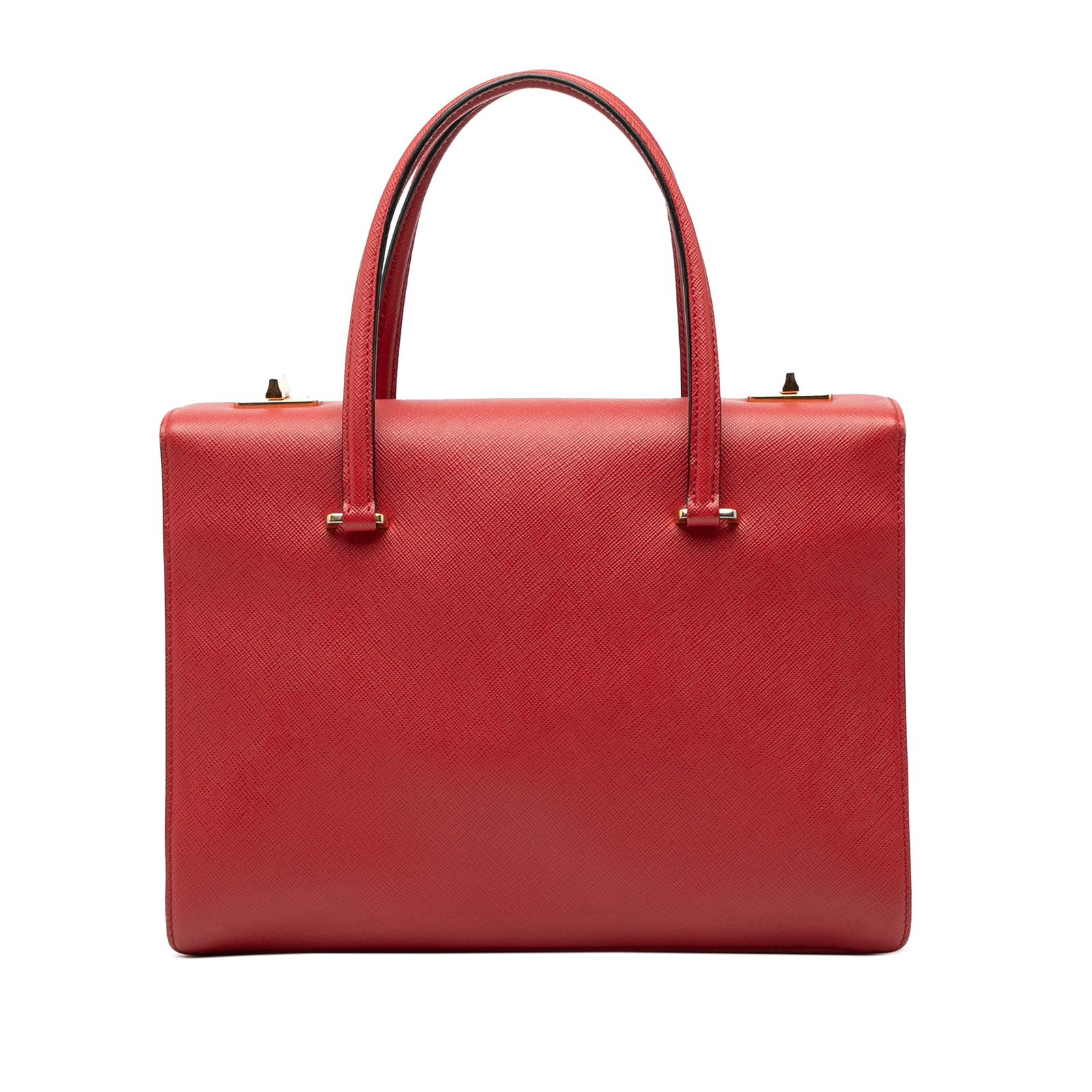 Prada Saffiano Leather Red Handbag with Turnlock Closure: Prada Saffiano Leather Red Handbag with Turnlock Closure This Prada Saffiano Turnlock Handbag features a red leather exterior with flat leather handles and a fold-over top secured by a turn-lock closu