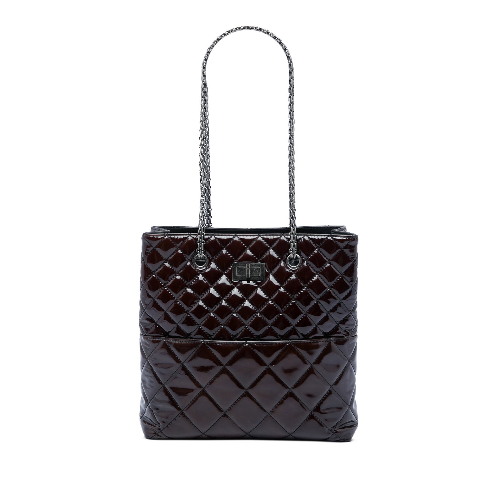 Chanel Reissue 2.55 Quilted Patent Leather Tote Bag Brown: Chanel Reissue 2.55 Quilted Patent Leather Tote Bag Brown Chanel Quilted Patent Reissue 2.55 Tote in brown leather with chain link straps, an open top with magnetic snap closure, an exterior front sli