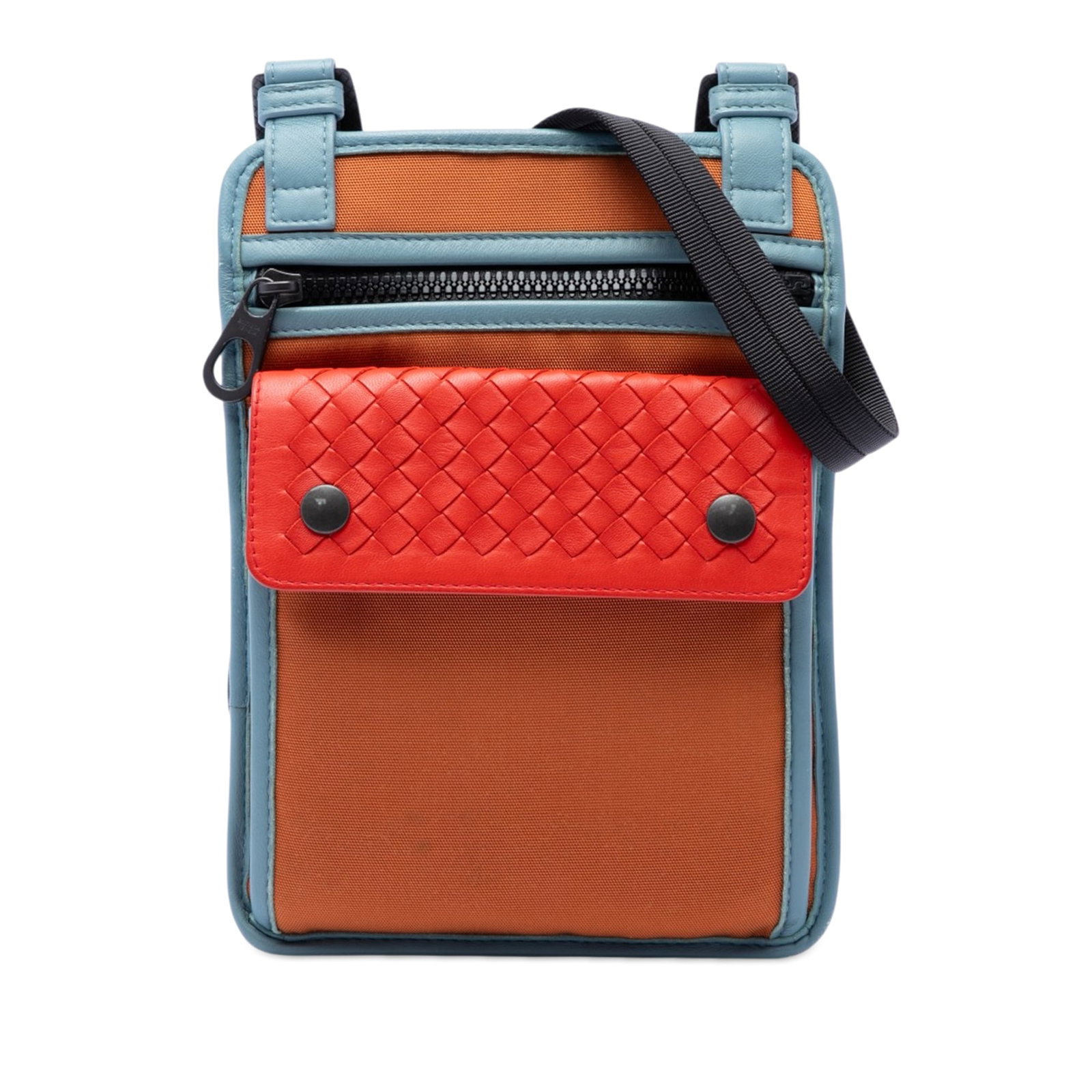 Bottega Veneta High Tech Crossbody in Nylon with Intrecciato Nappa Trim: Bottega Veneta High Tech Crossbody in Nylon with Intrecciato Nappa Trim Bottega Veneta crossbody bag in orange nylon with Nappa Intrecciato leather trim. The design features an adjustable flat strap, 