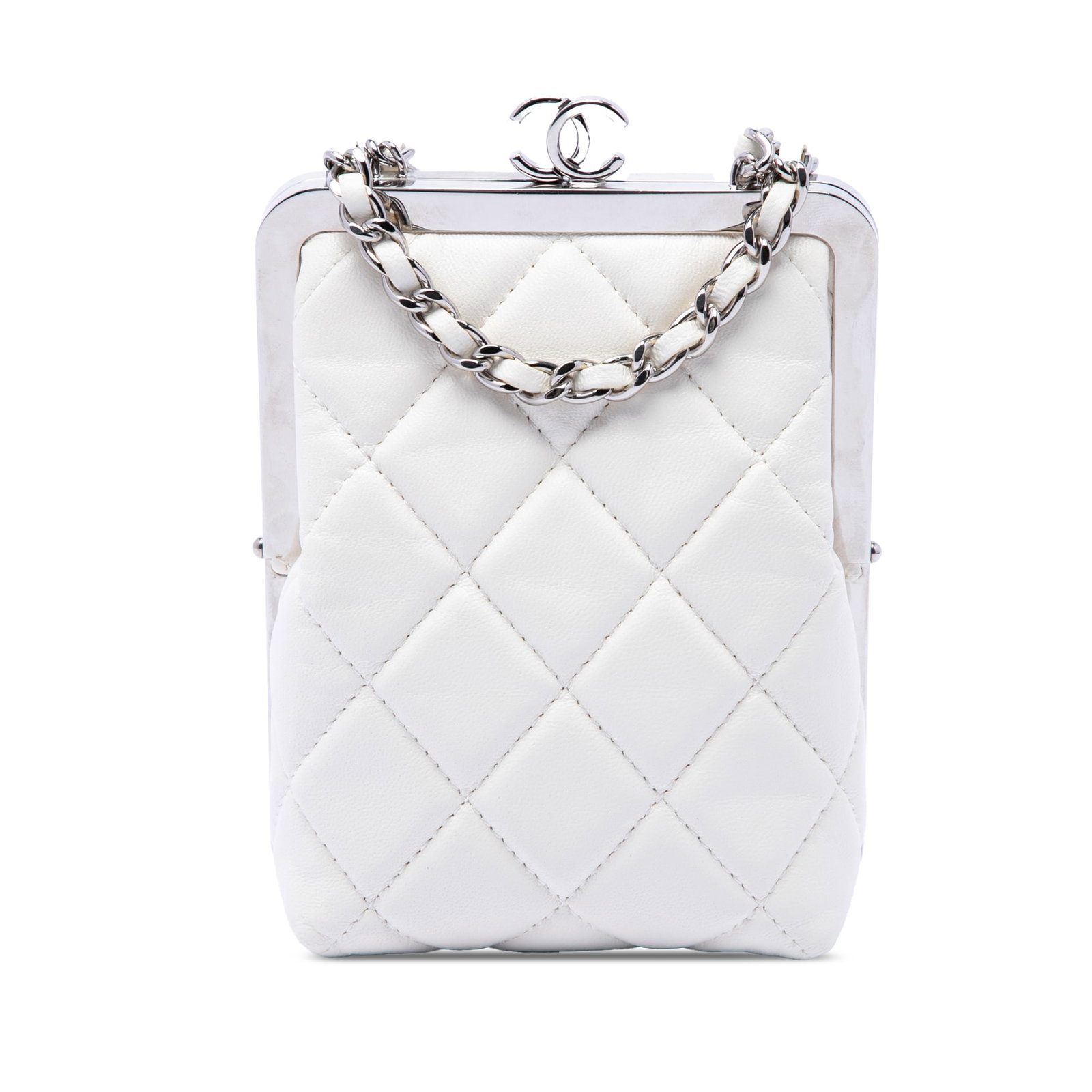Chanel CC Evening Clutch White Lambskin Acrylic Chain Strap: Chanel CC Evening Clutch White Lambskin Acrylic Chain Strap Chanel CC Quilted Acrylic and Lambskin Evening Clutch With Chain in white. This bag features a quilted lambskin leather and acrylic body, a 
