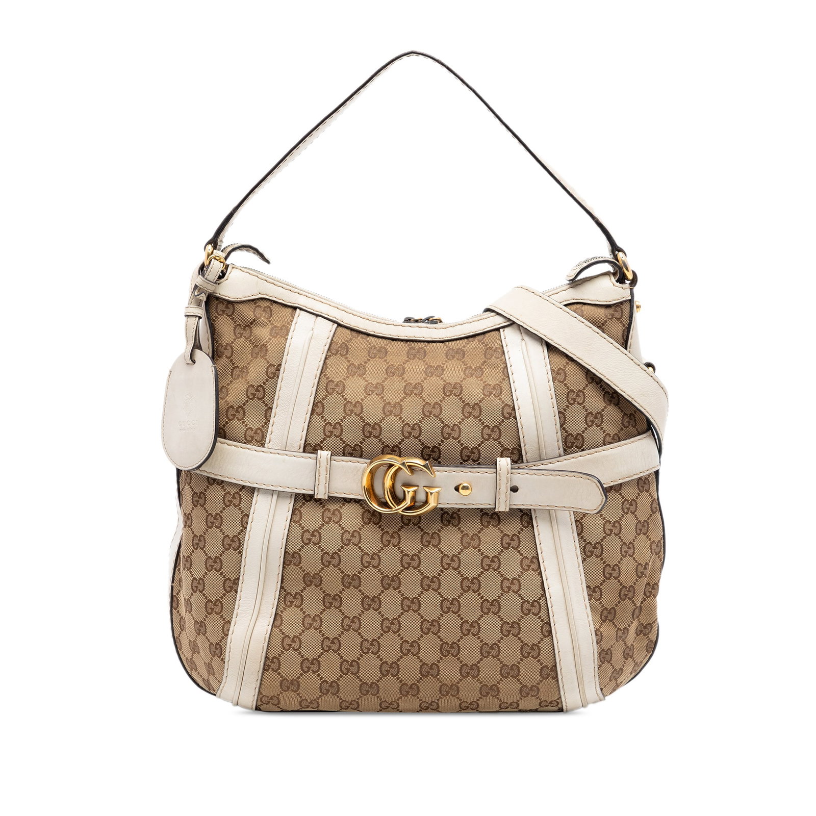 Gucci Medium Running Satchel Beige GG Canvas Leather Trim: Gucci Medium Running Satchel Beige GG Canvas Leather Trim Gucci Medium GG Canvas Running Satchel with leather trim, a flat leather handle, and a detachable flat leather strap. The bag features a top z