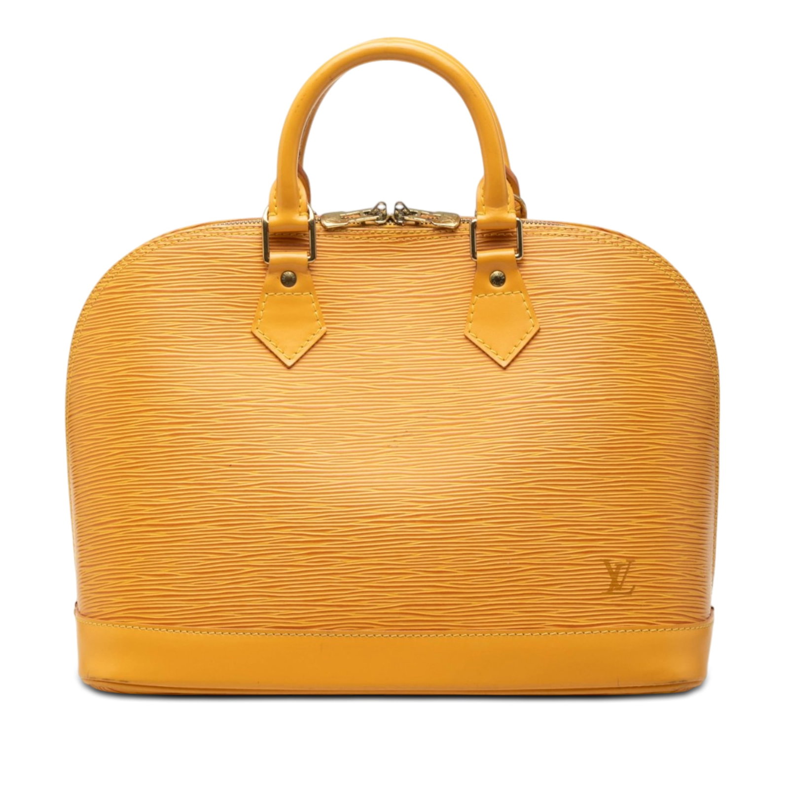 Louis Vuitton Alma PM yellow Epi leather handbag: Louis Vuitton Alma PM yellow Epi leather handbag Louis Vuitton Epi Alma PM handbag crafted in yellow epi leather with rolled handles, a top zip closure, and an interior slip pocket. Made in France. Co