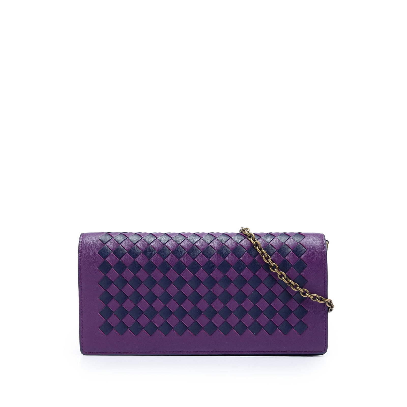 Bottega Veneta Intrecciato Wallet on Chain in Bicolor Nappa Leather: Bottega Veneta Intrecciato Wallet on Chain in Bicolor Nappa Leather Bottega Veneta bicolor nappa Intrecciato continental wallet on chain with a detachable chain link strap and front flap snap closure.