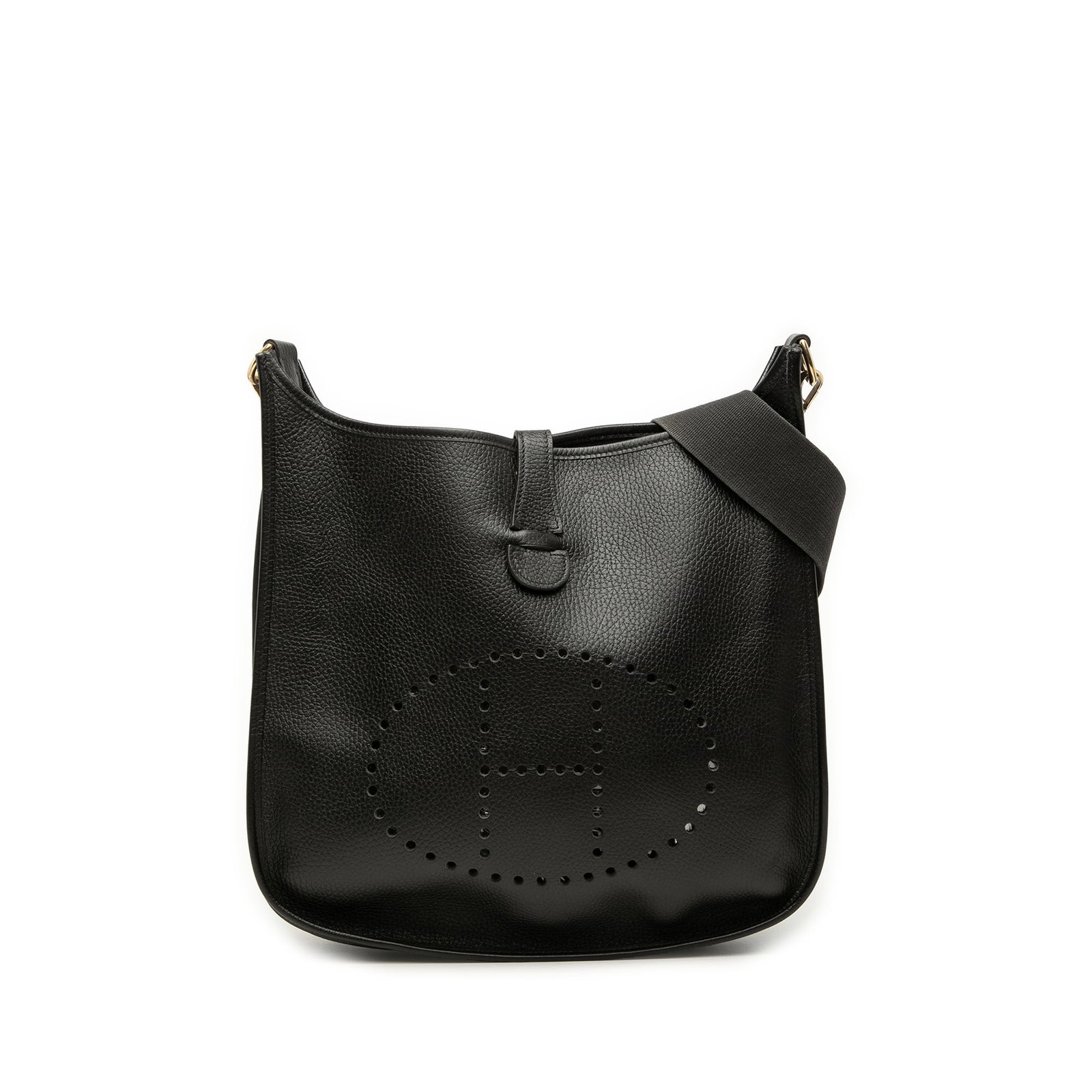 Hermes Evelyne I 33 Clemence Leather Shoulder Bag Black: Hermes Evelyne I 33 Clemence Leather Shoulder Bag Black Hermes Clemence Evelyne I 33 shoulder bag crafted in leather with a detachable flat canvas shoulder strap and an open top with snap button closu