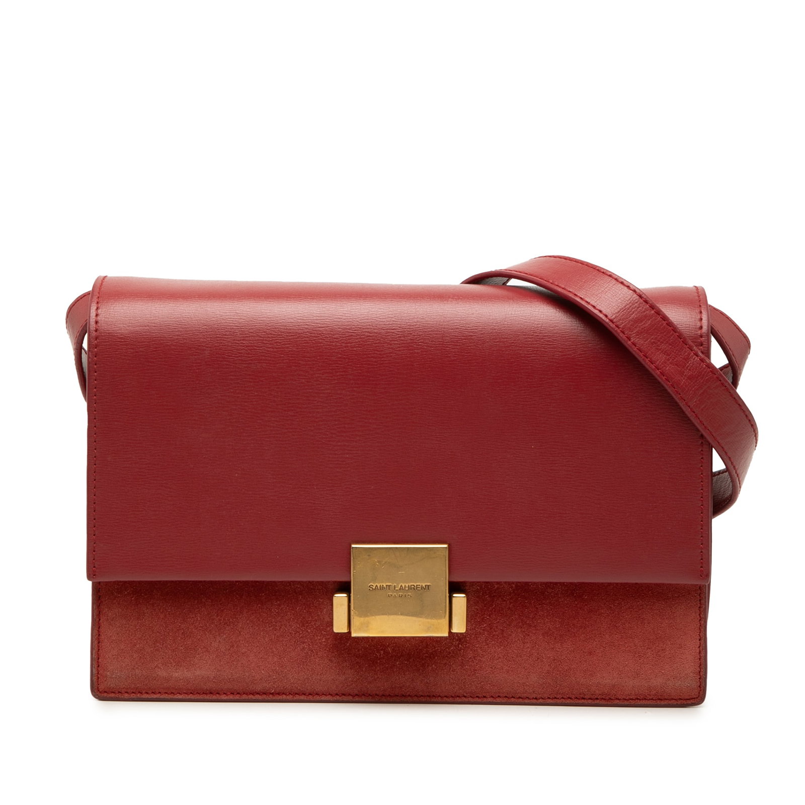 Saint Laurent Bellechasse Medium red leather suede shoulder bag: Saint Laurent Bellechasse Medium red leather suede shoulder bag Saint Laurent Bellechasse shoulder bag crafted with a leather body and suede panels. It features an adjustable flat leather shoulder str