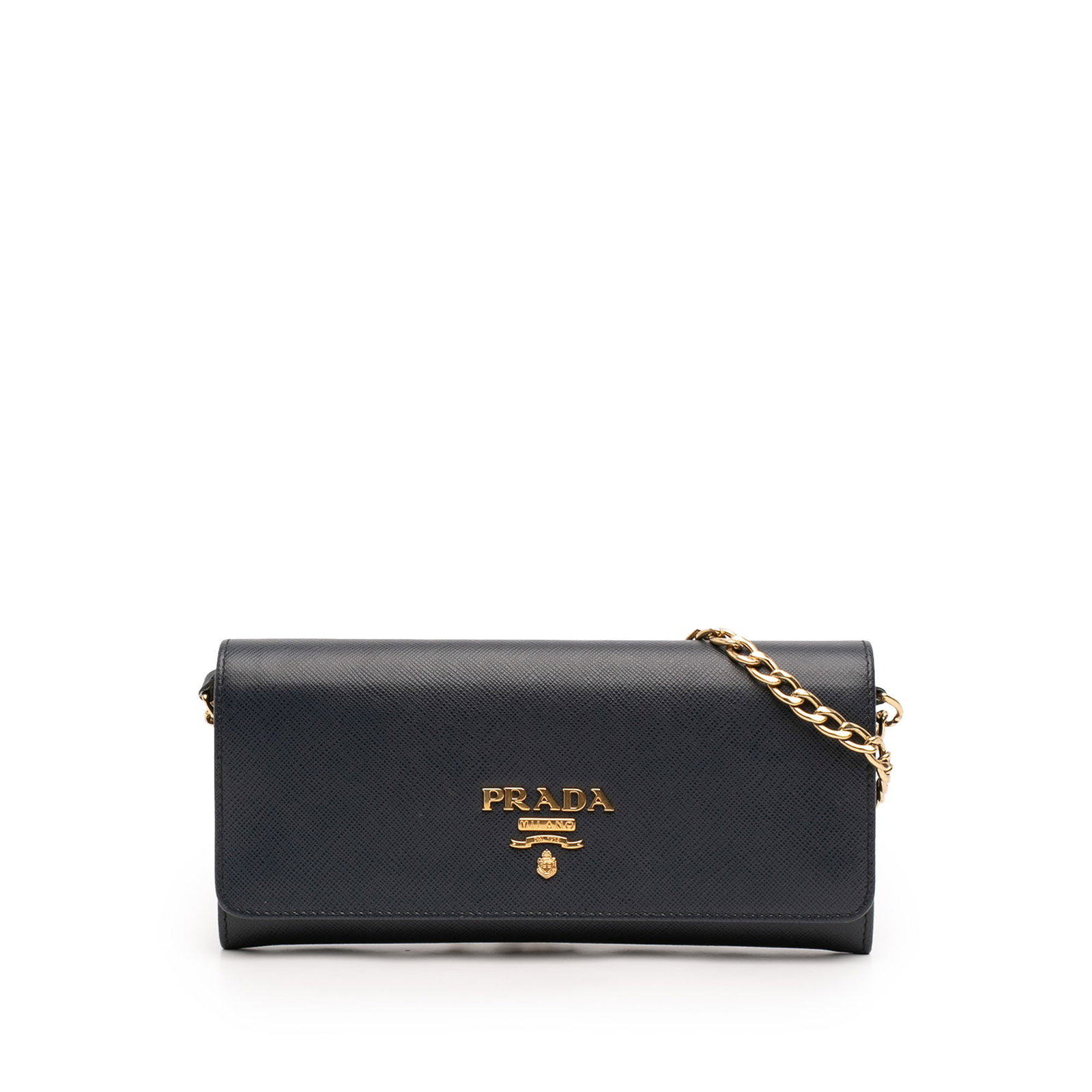 Prada Saffiano Lux leather wallet on chain blue: Prada Saffiano Lux leather wallet on chain blue Prada Saffiano Lux Wallet On Chain in blue saffiano leather with a detachable gold-tone chain strap and front flap snap closure. The interior includes z