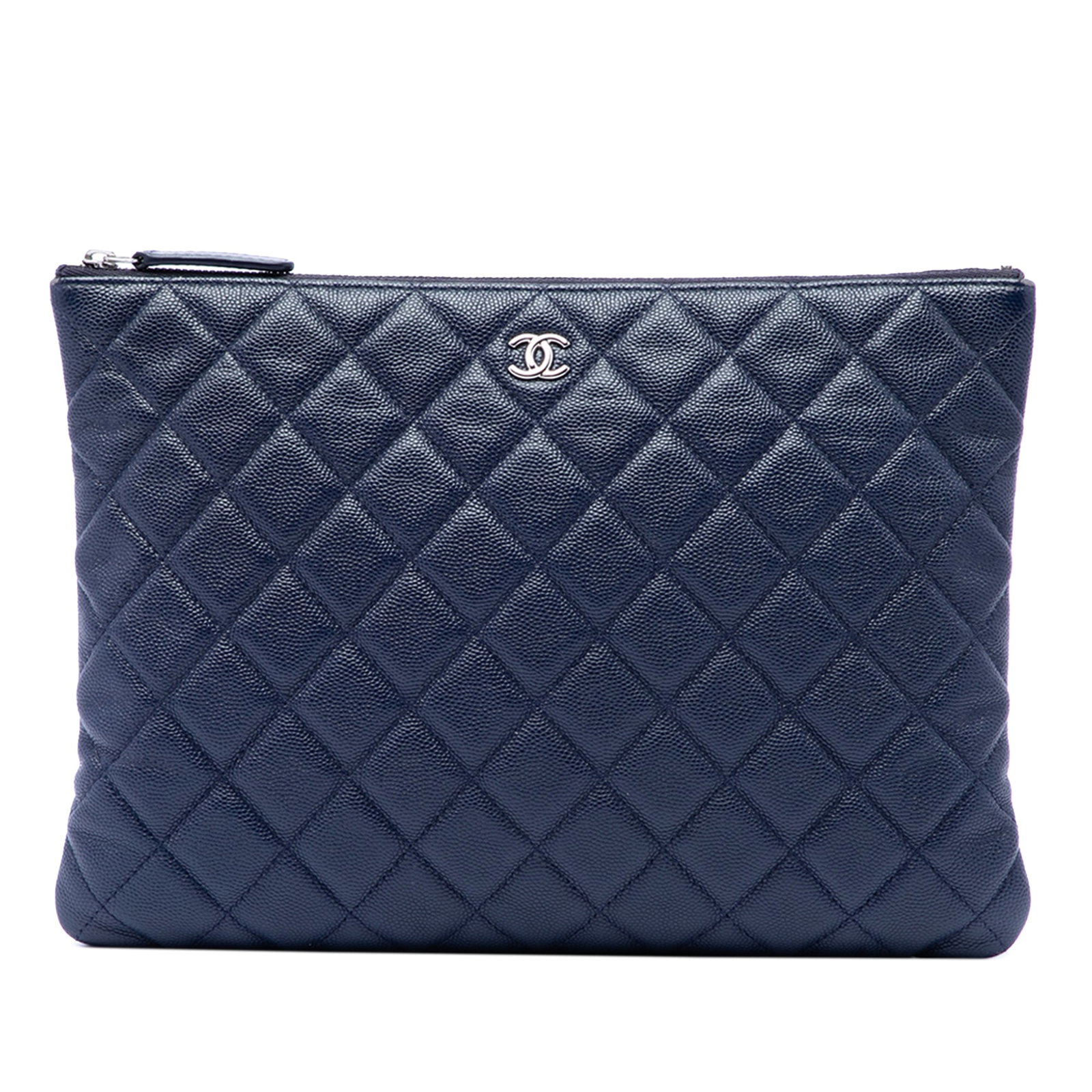 Chanel O Case Medium Clutch in Blue Quilted Caviar Leather: Chanel O Case Medium Clutch in Blue Quilted Caviar Leather A Chanel Medium Quilted Caviar O Case Clutch in blue leather with a quilted finish. This clutch features a top zip closure, an exterior back 