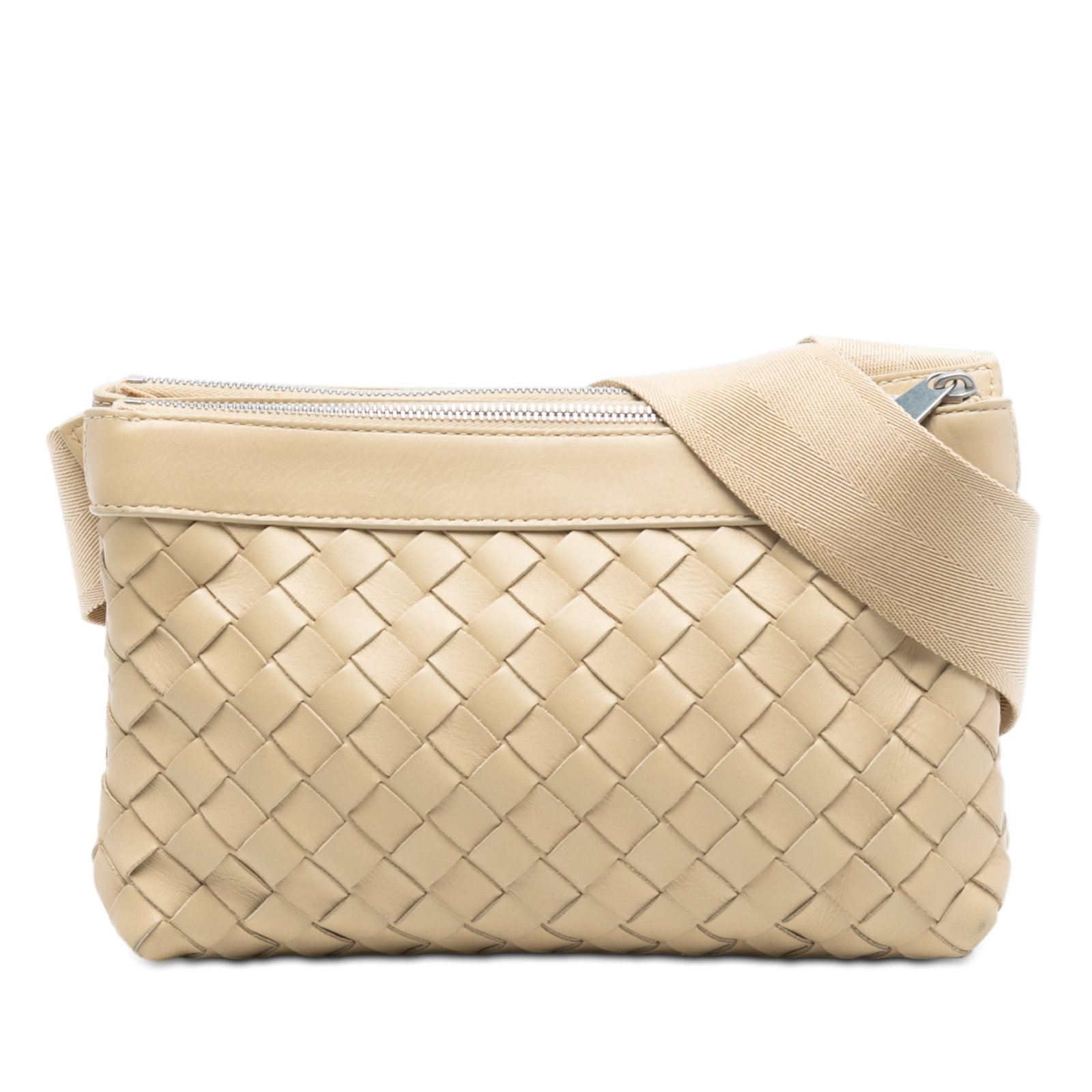 Bottega Veneta Brown Nappa Leather Intrecciato Double Zip Crossbody Bag: Bottega Veneta Brown Nappa Leather Intrecciato Double Zip Crossbody Bag This crossbody bag features a brown nappa leather body with Bottega Veneta's signature intrecciato weaving, a flap shoulder stra
