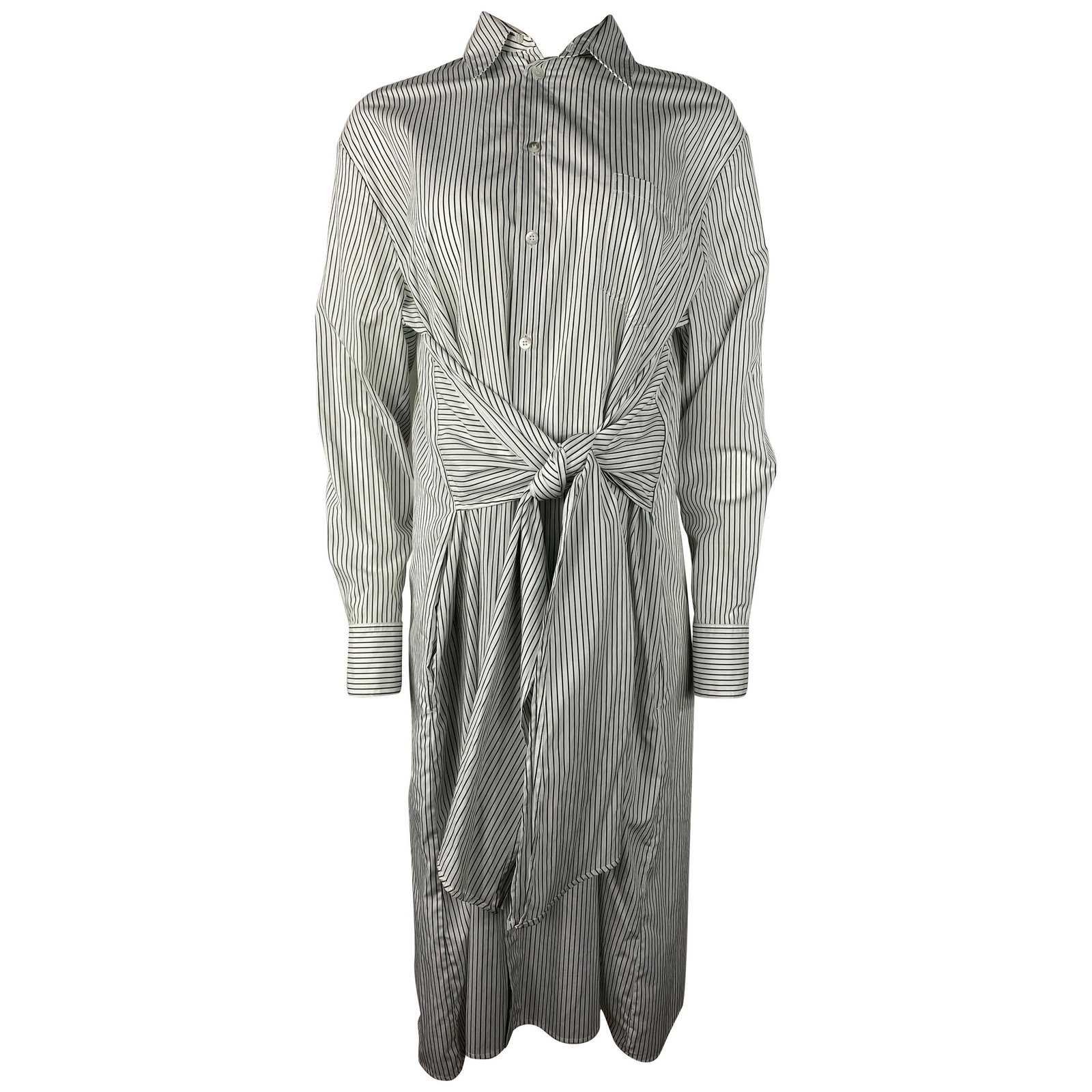 MM6 Maison Margiela striped cotton shirt dress belted white green EU 42: MM6 Maison Margiela striped cotton shirt dress belted white green EU 42 MM6 Maison Margiela button-down shirt dress in white and green stripes, featuring a collar, side pocket, belted detail, and mid-