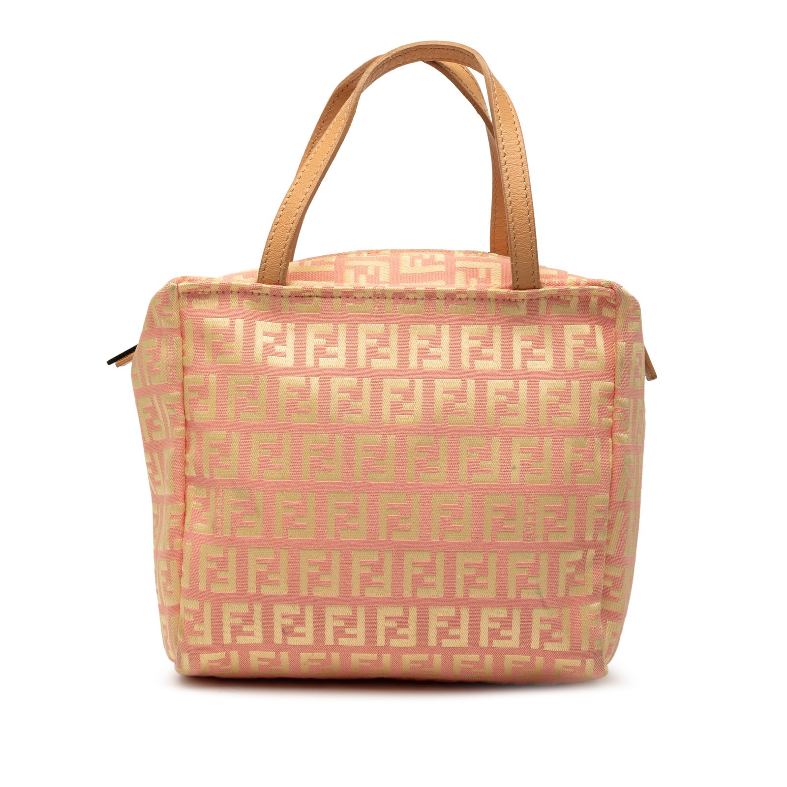 Mini Zucchino Pink Canvas Bag with Leather Handles by Fendi: Mini Zucchino Pink Canvas Bag with Leather Handles by Fendi This Fendi Mini Zucchino Canvas Handbag features a pink canvas body with flat leather handles and a top zip closure. The bag shows signs of 