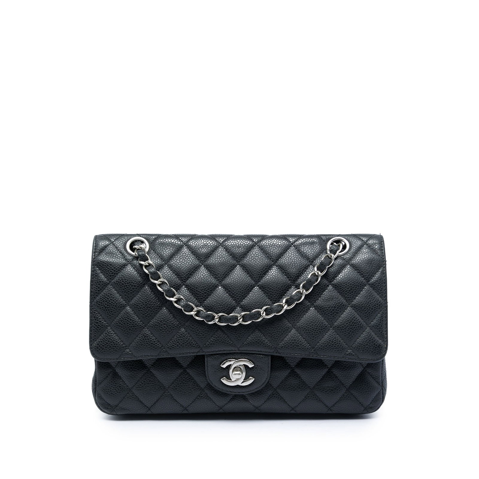 Chanel Medium Classic Double Flap Shoulder Bag in Black Caviar Leather: Chanel Medium Classic Double Flap Shoulder Bag in Black Caviar Leather Chanel Medium Classic Caviar Double Flap shoulder bag crafted in quilted caviar leather with a structured silhouette. This design