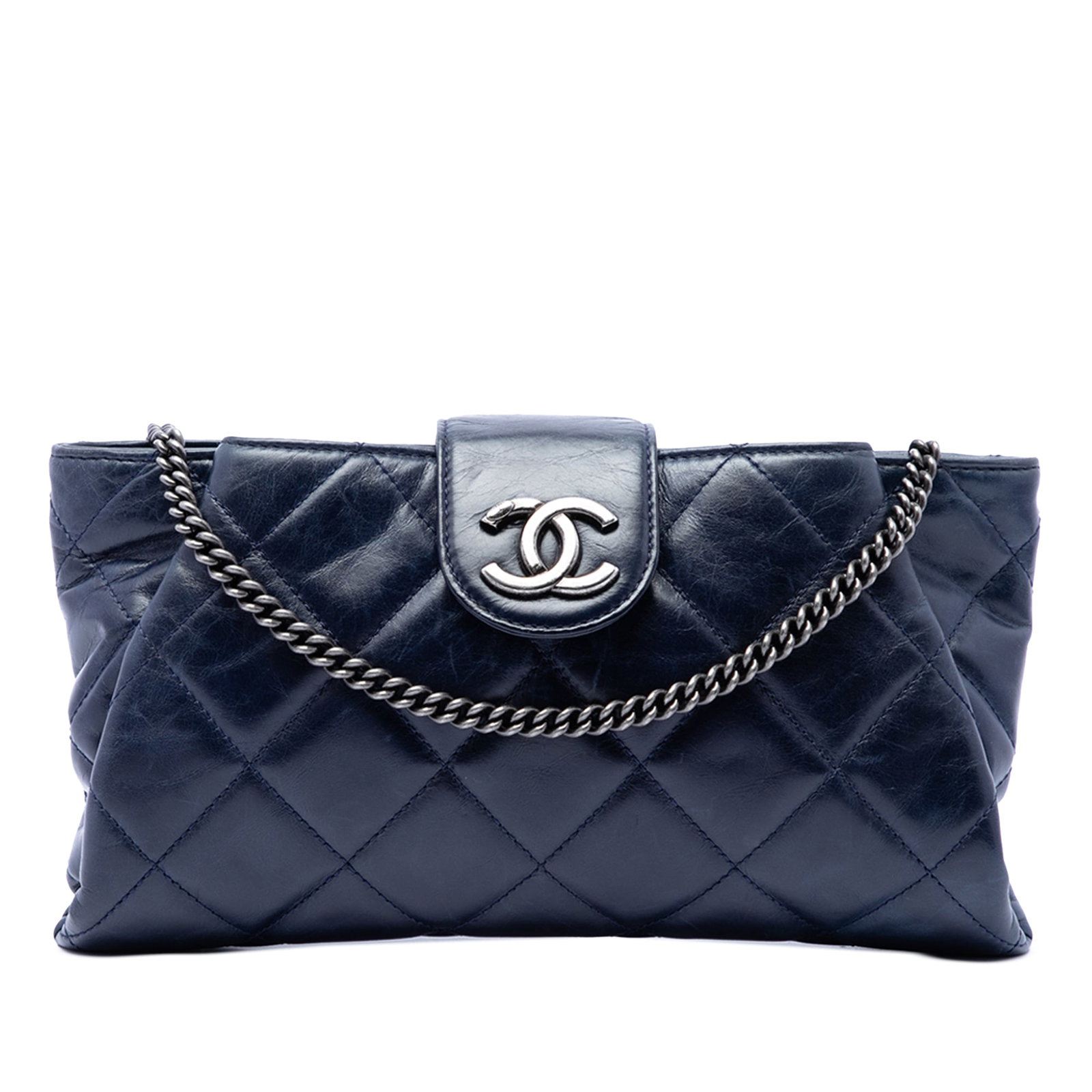 Chanel Coco Pleats blue quilted glazed calfskin chain clutch: Chanel Coco Pleats blue quilted glazed calfskin chain clutch A Chanel Coco Pleats chain clutch in blue quilted glazed calfskin with a detachable chain link strap. This crossbody-style bag features a t
