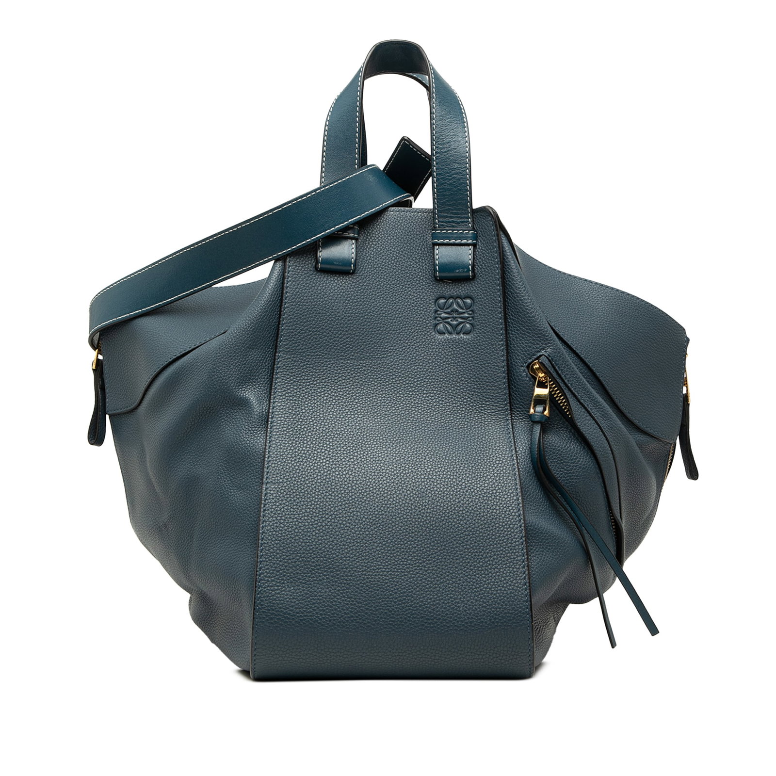 LOEWE Hammock Medium Grained Calfskin Blue Satchel Bag: LOEWE Hammock Medium Grained Calfskin Blue Satchel Bag The LOEWE Medium Grained Calfskin Hammock Satchel is crafted in blue leather and features flat leather handles, a detachable flat leather strap, 