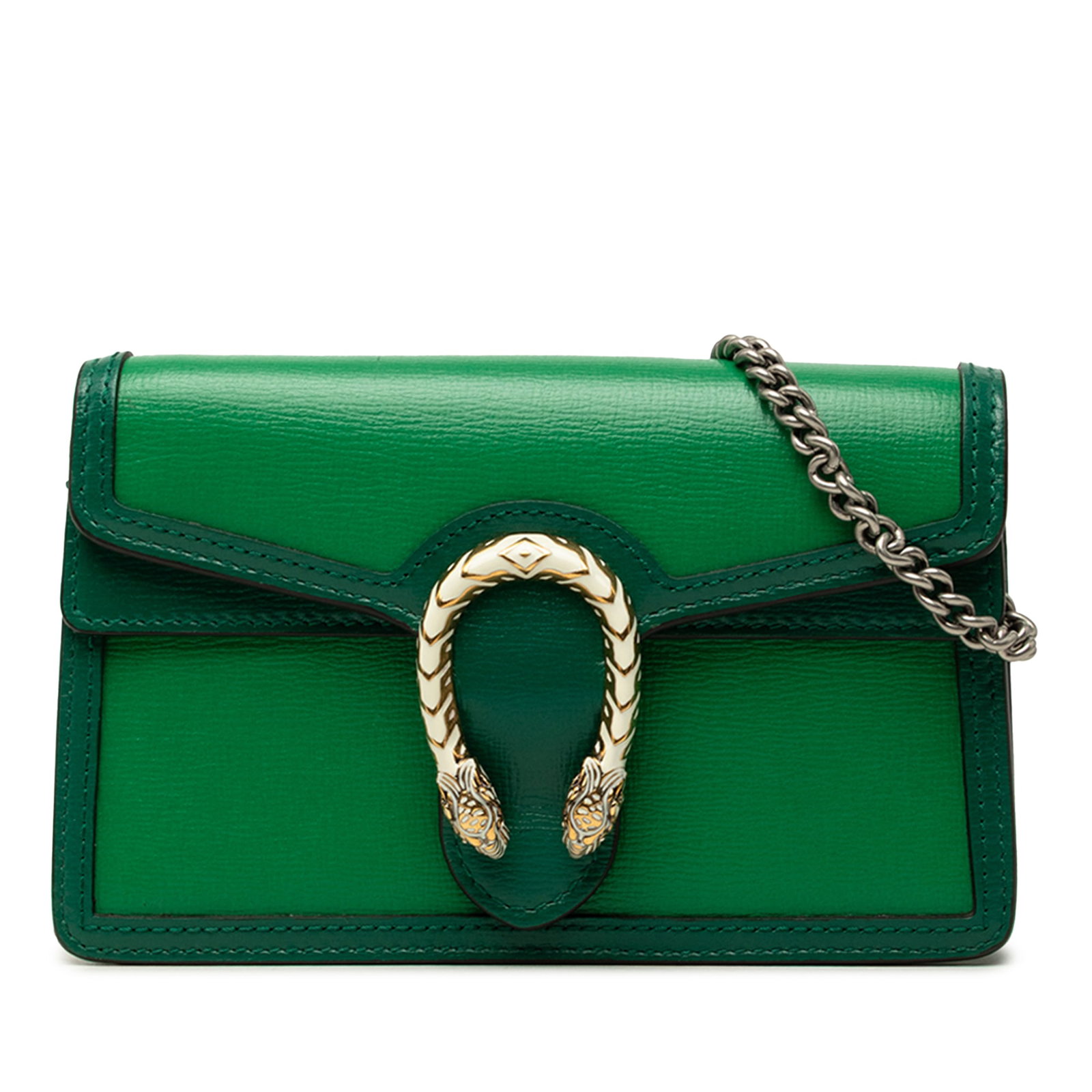 Gucci Dionysus Mini Leather Crossbody Bag in Green: Gucci Dionysus Mini Leather Crossbody Bag in Green Mini Dionysus crossbody bag in green leather with a front flap and snap closure. This bag features a detachable chain strap and is made in Italy. Con