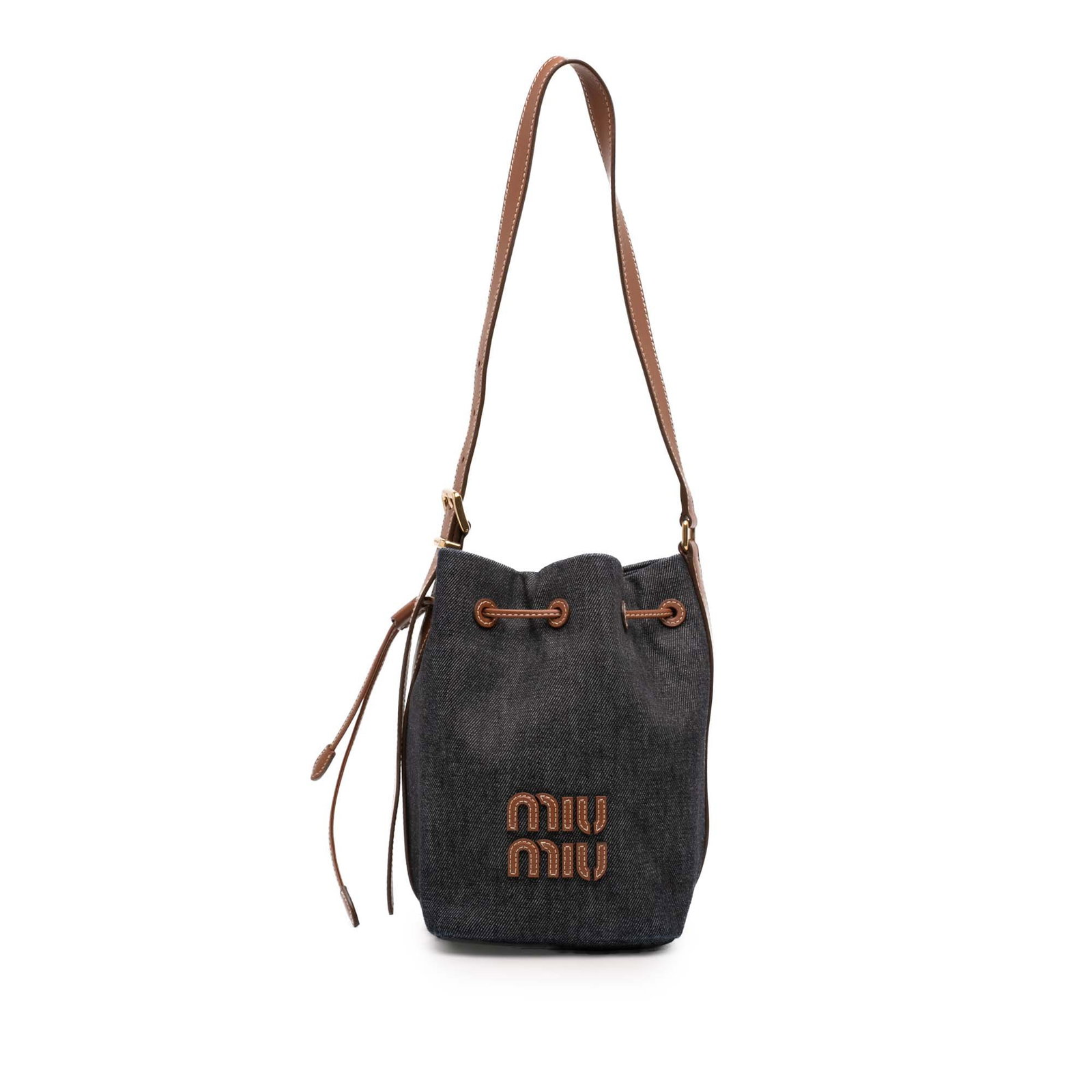 Miu Miu Logo Denim Drawstring Bucket Handbag (1 of 6)