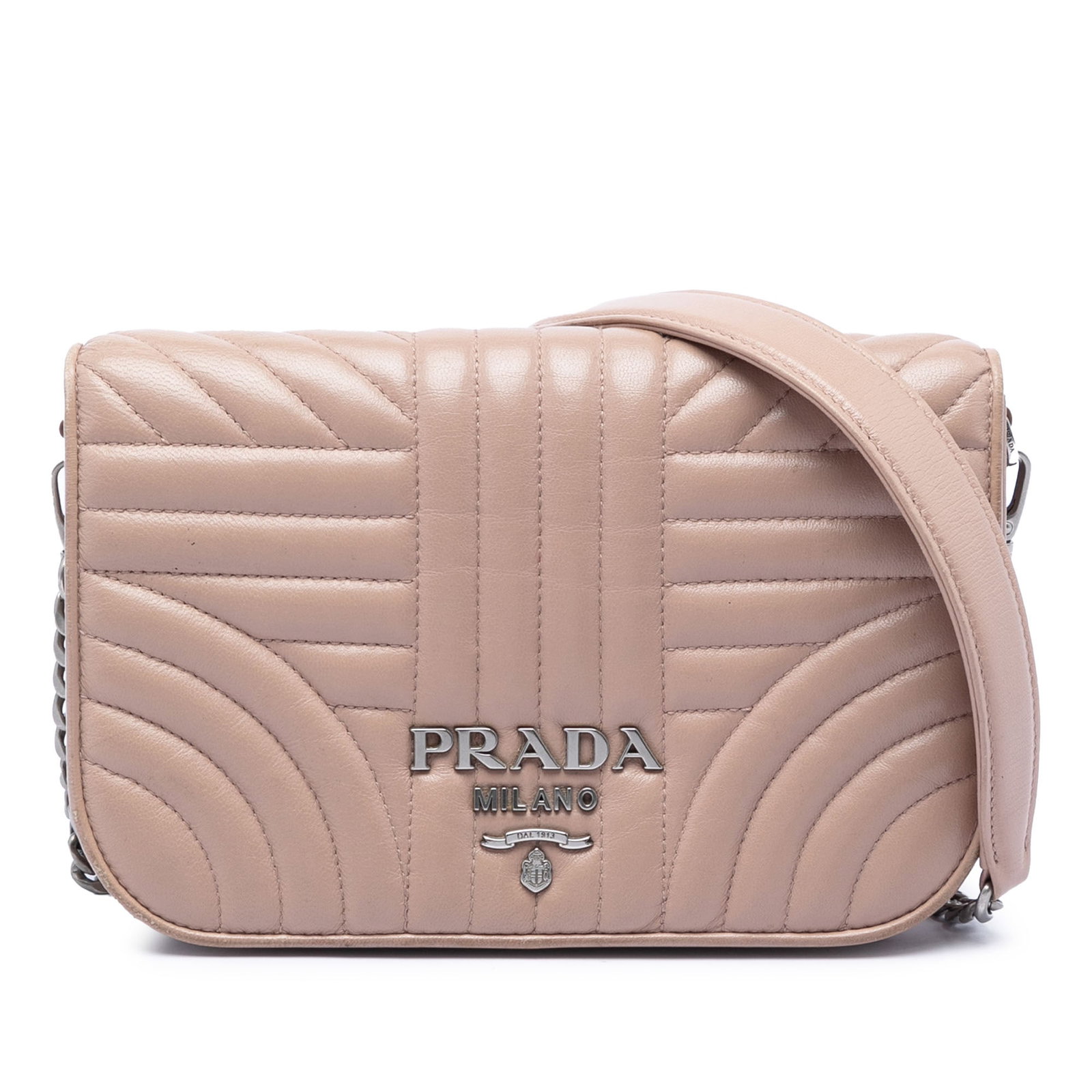 Prada Diagramme Mini Crossbody Bag in Brown Quilted Leather: Prada Diagramme Mini Crossbody Bag in Brown Quilted Leather This Prada Mini Soft Calf Impunture Diagramme crossbody bag is crafted in quilted leather and features a chain-link strap with a leather sho