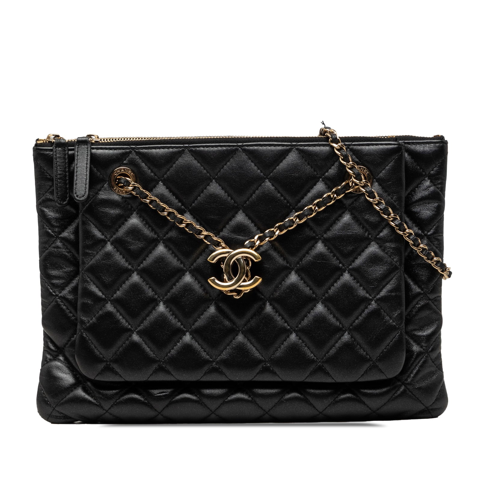 Chanel CC Double Zip Crossbody in Black Quilted Lambskin: Chanel CC Double Zip Crossbody in Black Quilted Lambskin Chanel CC Quilted Lambskin Double Zip Crossbody in black quilted lambskin leather. This crossbody bag features a leather-woven chain strap, dua