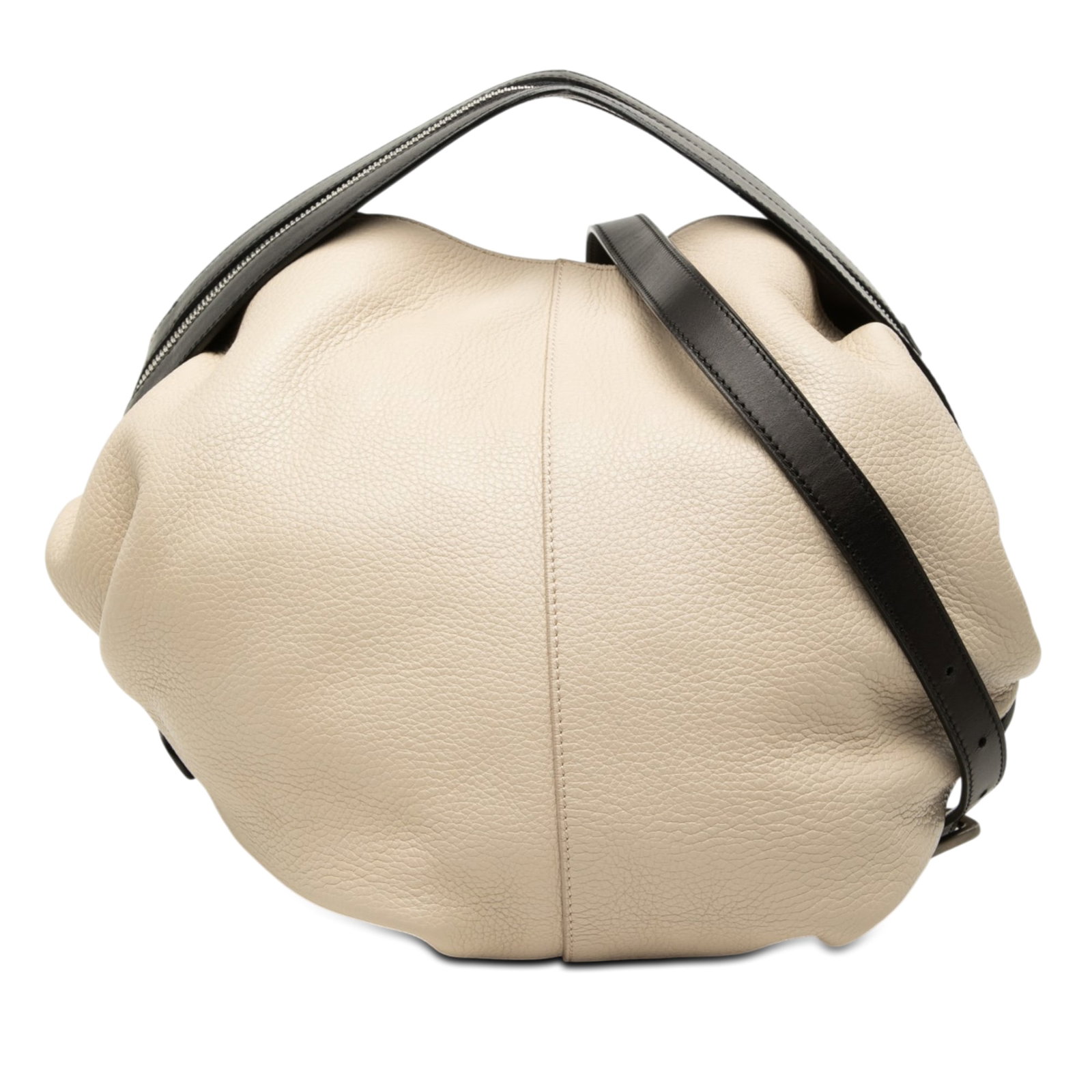 LOEWE Zip Handle Satchel in Beige Grained Calfskin Leather: LOEWE Zip Handle Satchel in Beige Grained Calfskin Leather LOEWE grained calfskin satchel with a structured silhouette, zip handle detail, and both a flat leather strap and a detachable flat leather s