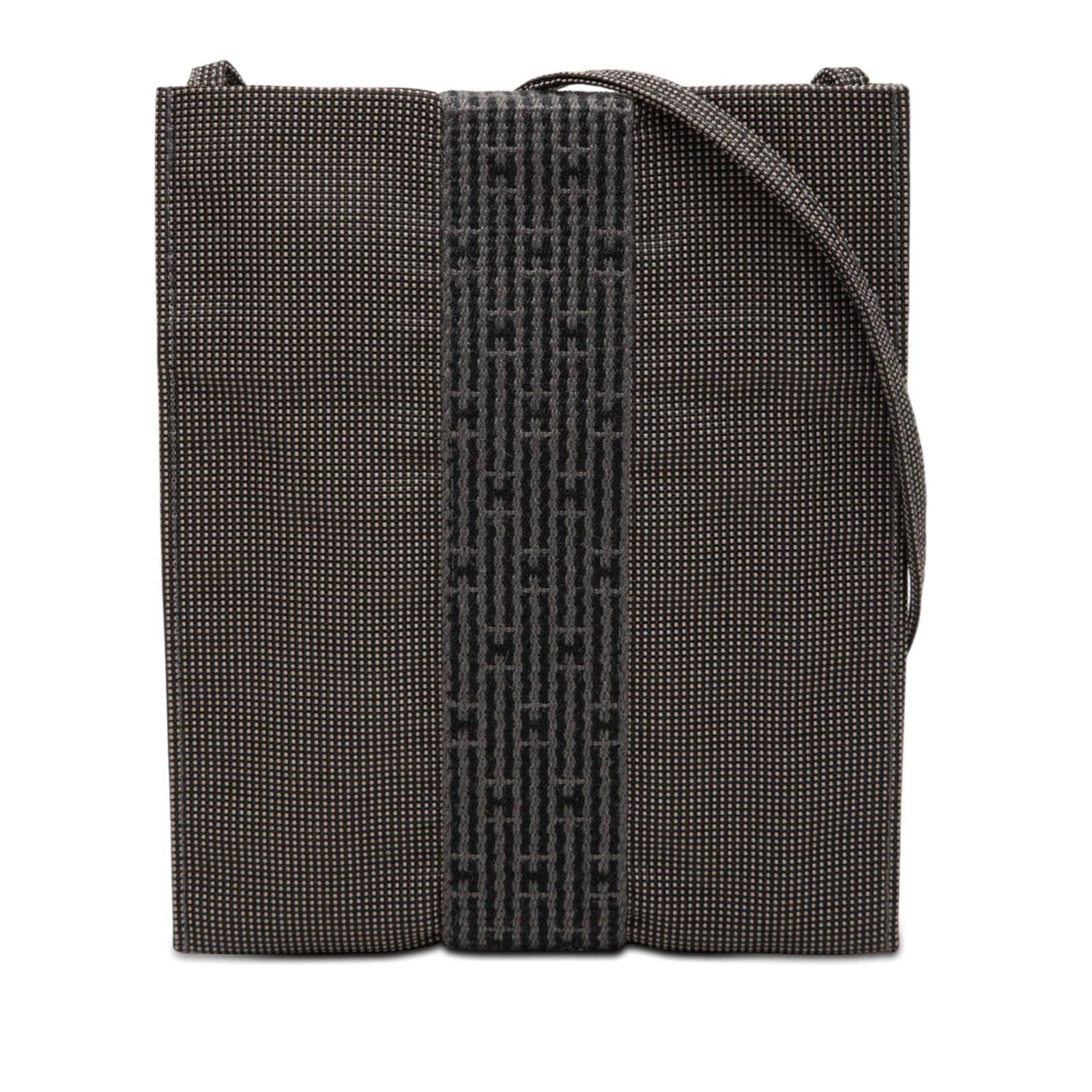 Hermes Herline Pochette Canvas Crossbody Bag Gray: Hermes Herline Pochette Canvas Crossbody Bag Gray Hermes Herline Pochette crossbody bag in gray canvas with a flat canvas strap and an open-top design. Made in France. Condition B+ with wear to the ex