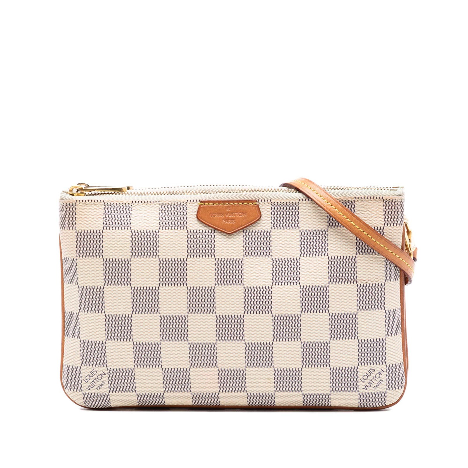 Louis Vuitton Double Zip Pochette Damier Azur Crossbody Bag: Louis Vuitton Double Zip Pochette Damier Azur Crossbody Bag Louis Vuitton Damier Azur Double Zip Pochette with a damier canvas body, detachable and adjustable flat vachetta leather strap, top zip clos
