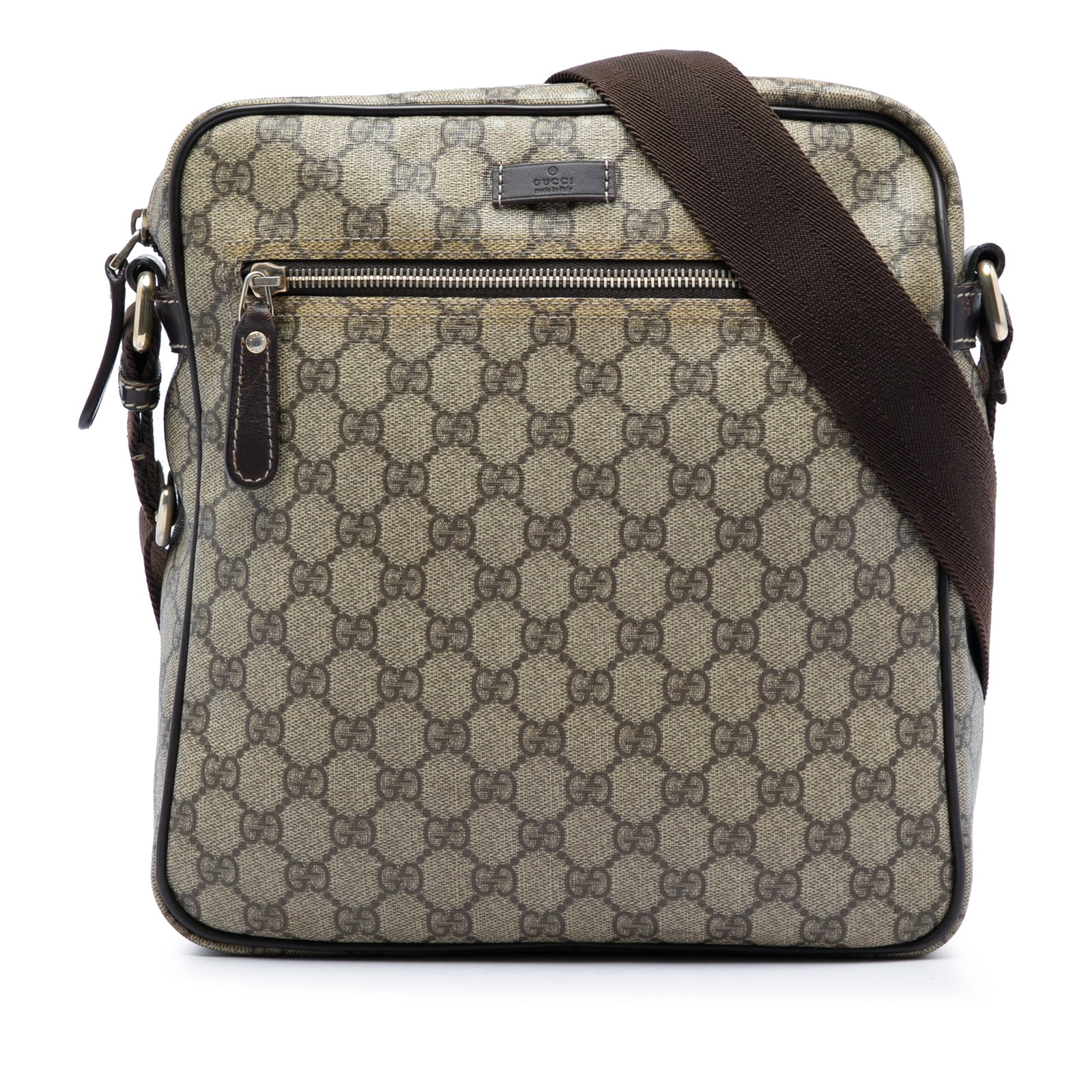 Gucci GG Supreme coated canvas crossbody bag beige: Gucci GG Supreme coated canvas crossbody bag beige Gucci GG Supreme Crossbody bag with a coated canvas body and leather trim. It features an adjustable flat canvas shoulder strap, a top zip closure, a