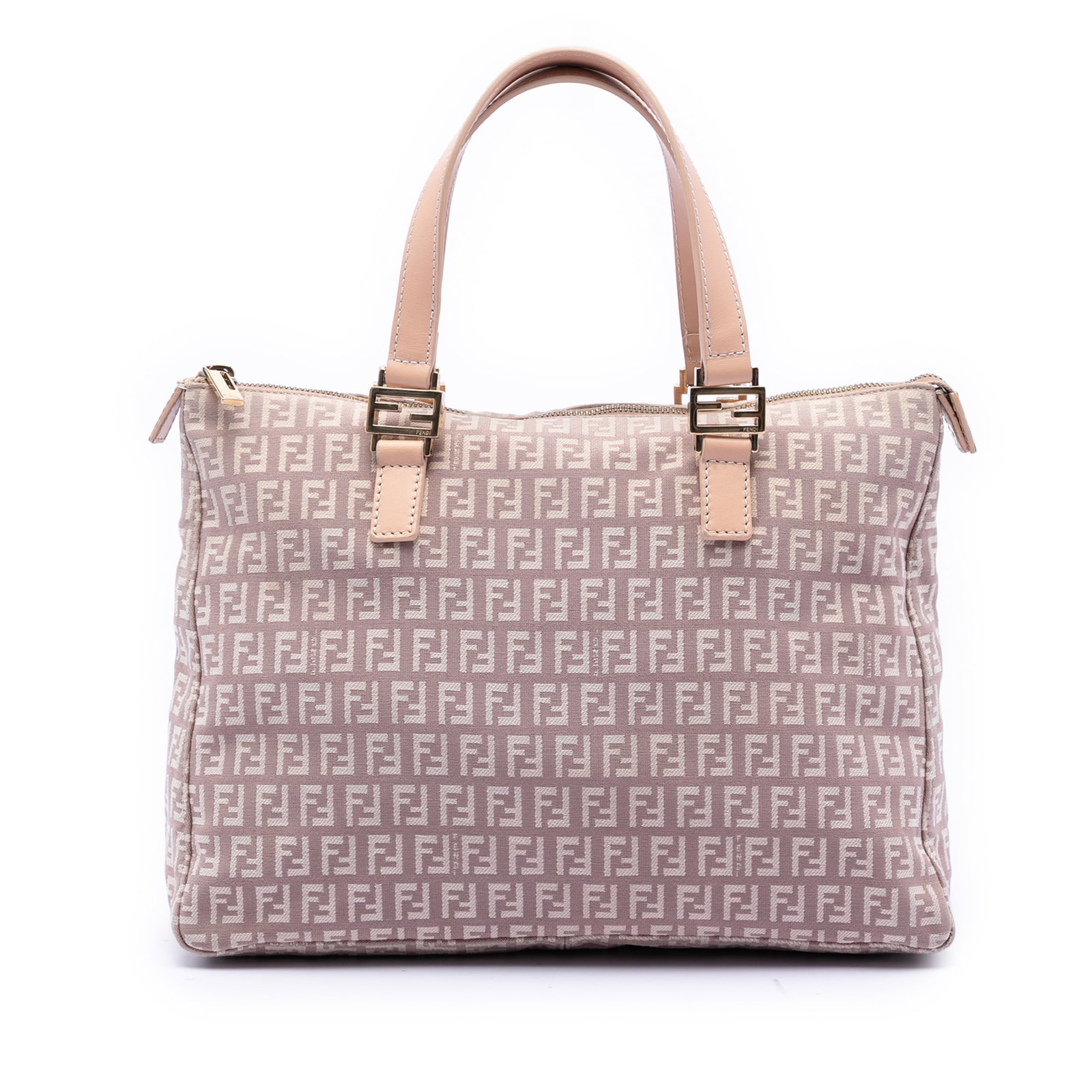 Fendi Zucchino Pattern Purple Canvas Tote Bag with Leather Handles: Fendi Zucchino Pattern Purple Canvas Tote Bag with Leather Handles This Fendi Zucchino Canvas Tote features a purple canvas body with flat leather straps and a top zip closure. The interior includes a