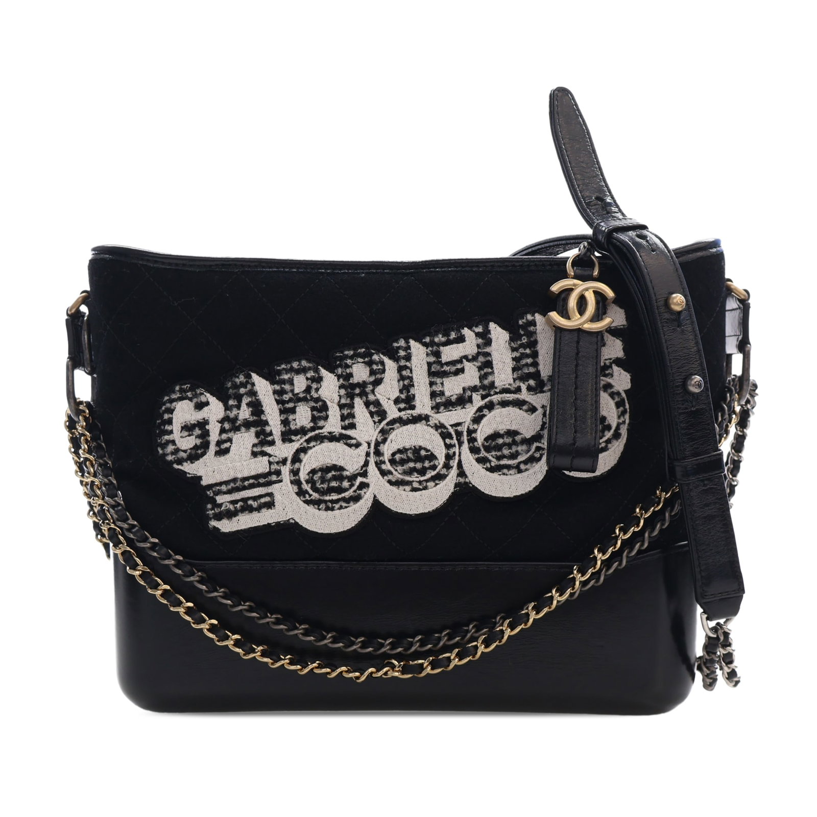 Chanel Gabrielle Medium Hobo Bag Wool Coco Embroidered Black: Chanel Gabrielle Medium Hobo Bag Wool Coco Embroidered Black Chanel Medium Gabrielle Hobo bag crafted with a wool and calf leather body and Coco embroidery. This bag features leather-woven chain link 