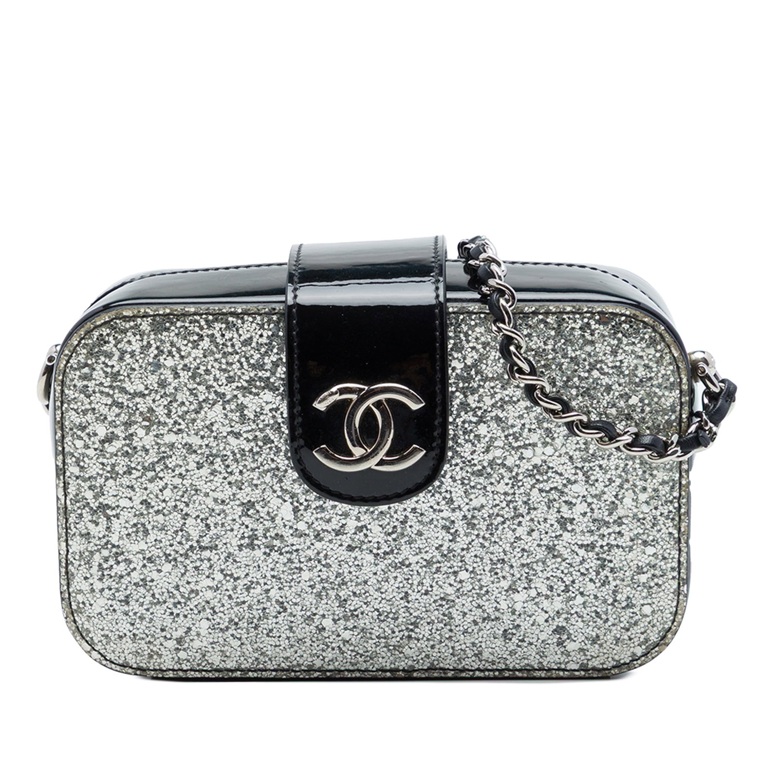 Chanel Evening On The Moon Glitter Patent Camera Crossbody Bag: Chanel Evening On The Moon Glitter Patent Camera Crossbody Bag Chanel Glitter Patent Evening On The Moon Camera Case in silver glittered patent leather. This crossbody bag features a leather-woven cha