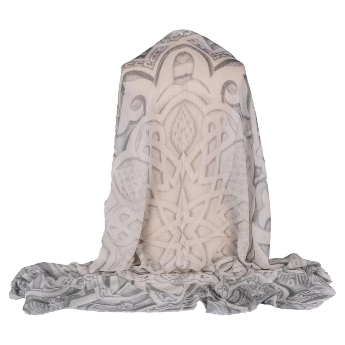 Chanel Cashmere Shawl White Grey Architectural Design 53x53: Chanel Cashmere Shawl White Grey Architectural Design 53x53 This luxurious Chanel Cashmere Shawl is beautifully crafted in a sophisticated white and grey color scheme. The shawl features intricate pat