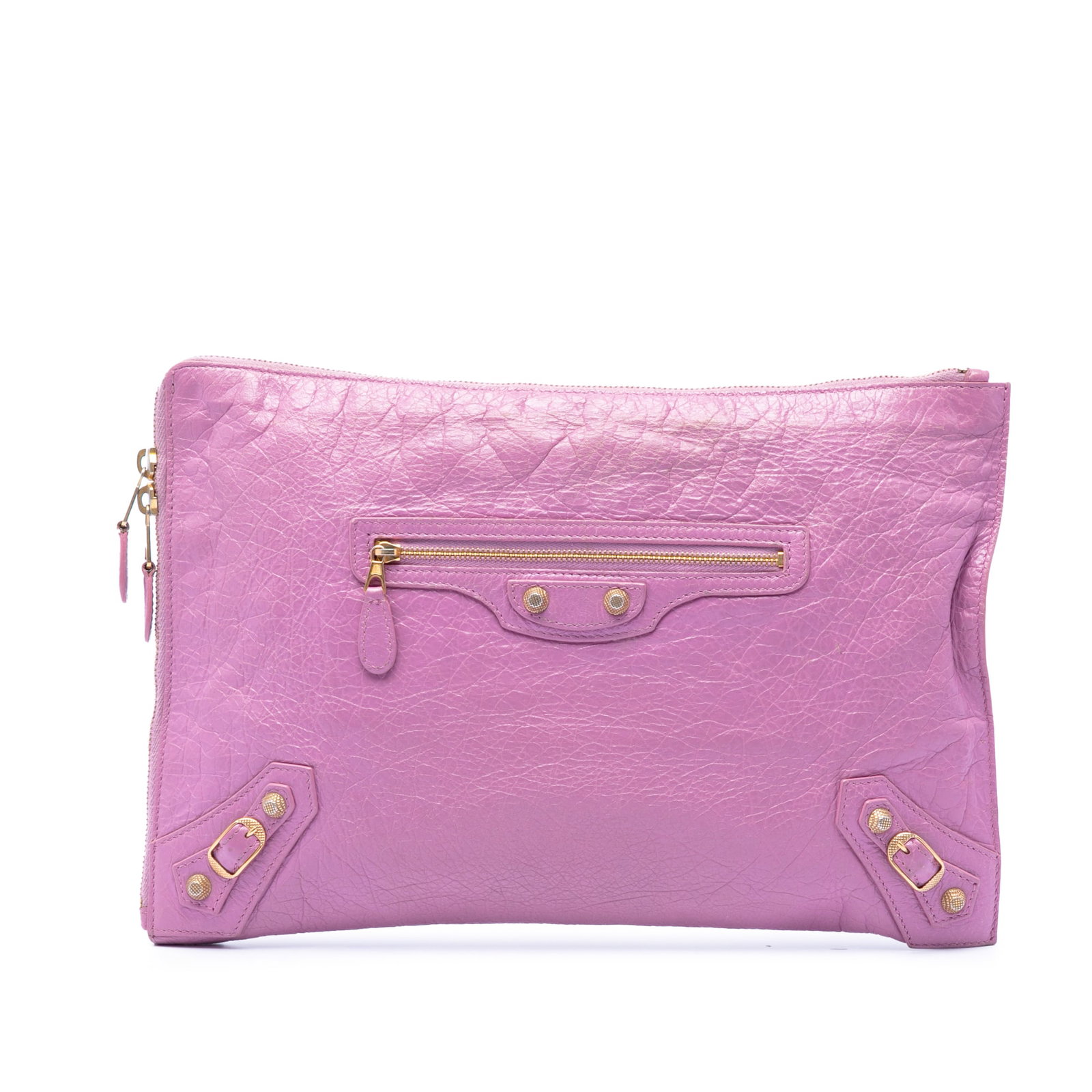 Balenciaga Giant 12 Motocross Flat Clutch in Pink Lambskin: Balenciaga Giant 12 Motocross Flat Clutch in Pink Lambskin Balenciaga Lambskin Motocross Giant 12 Zip Around Flat Clutch in pink leather with stud detailing. The clutch features a top zip closure, an 